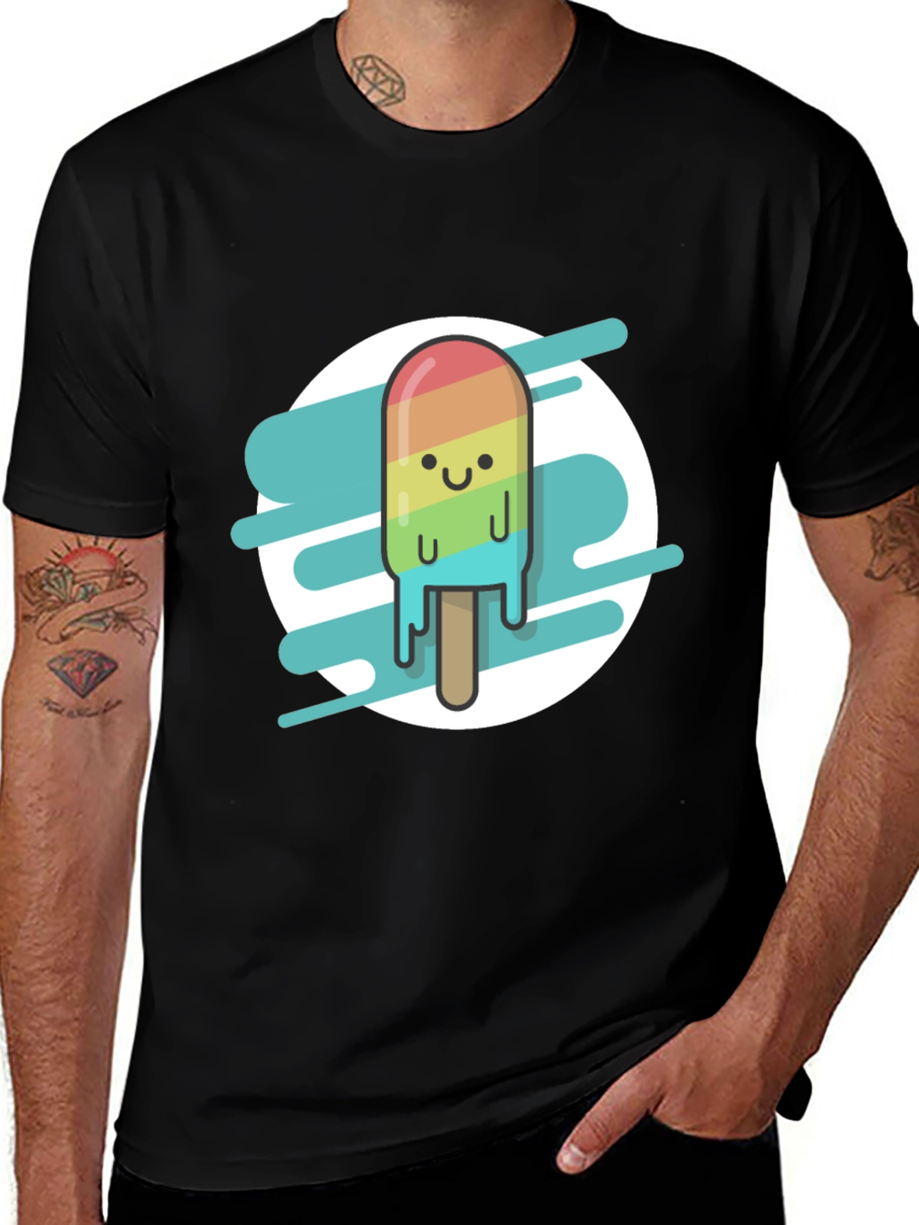 Rainbow Popsicle Graphic Tee - Black Casual T-Shirt
