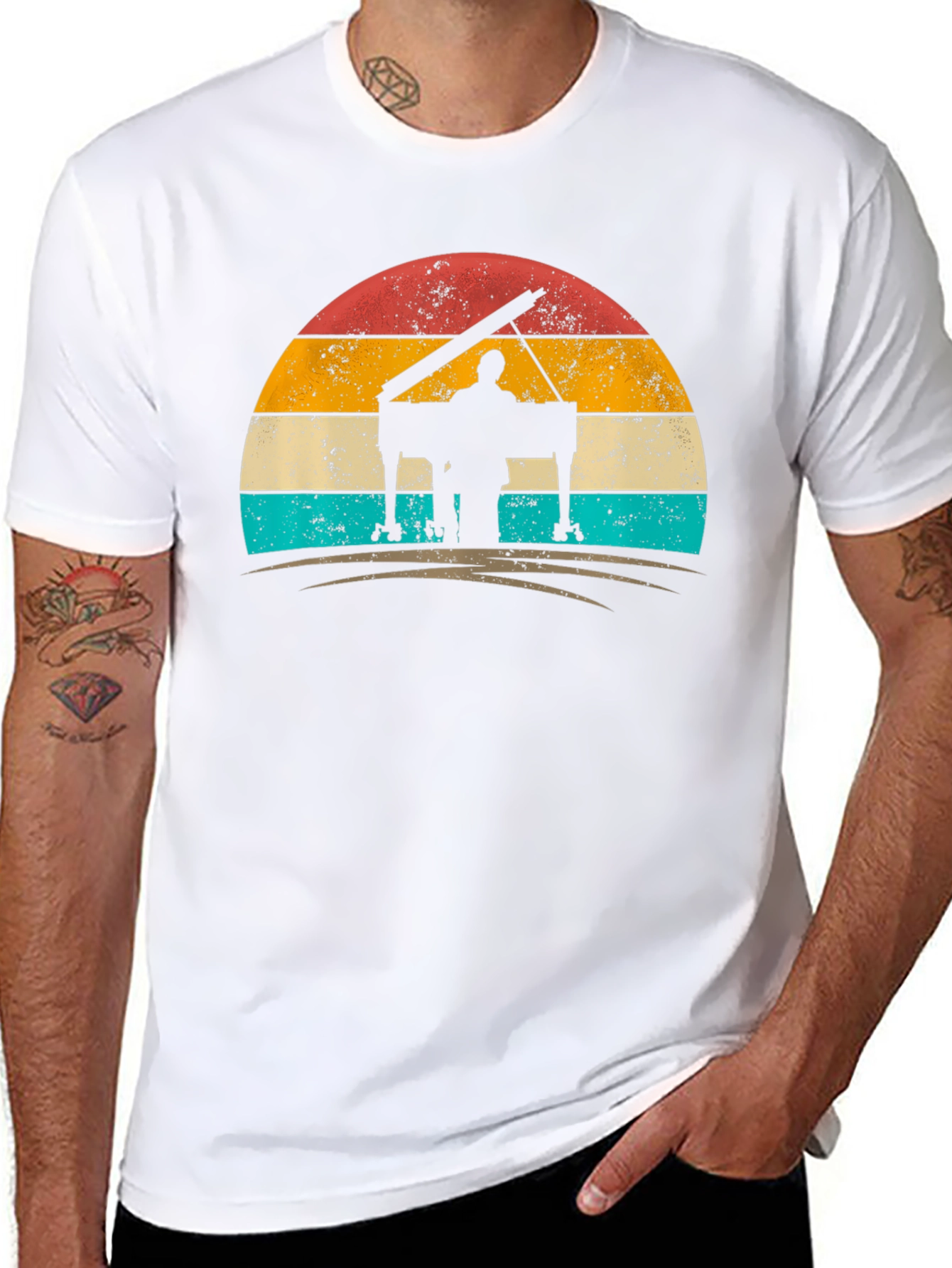Retro Piano Player Sunset Graphic Tee - Black