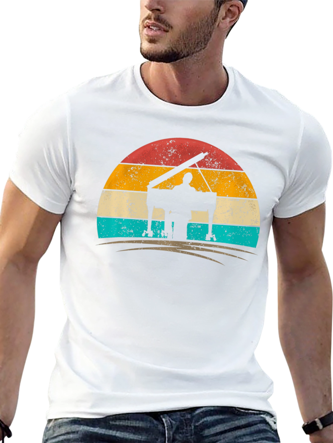 Retro Piano Player Sunset Graphic Tee - Black