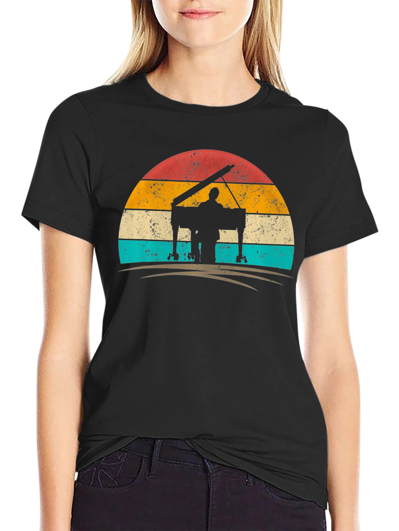 Retro Piano Player Sunset Graphic Tee - Black