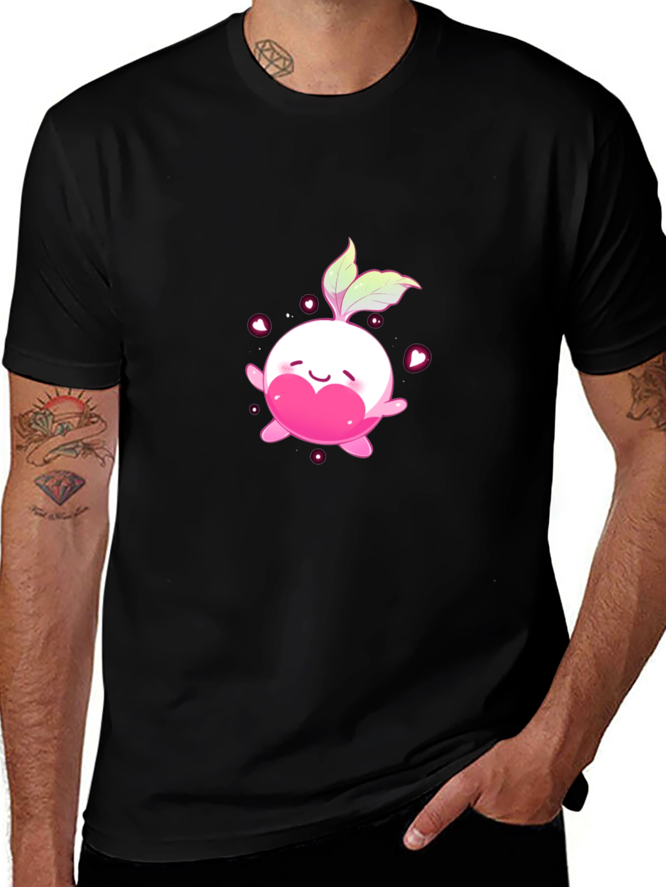 Cute Kawaii Radish Heart Black T-Shirt