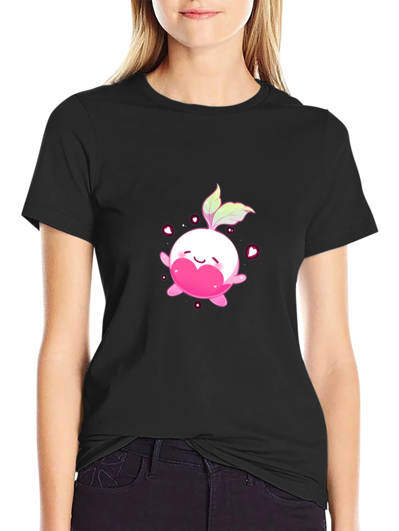 Cute Kawaii Radish Heart Black T-Shirt