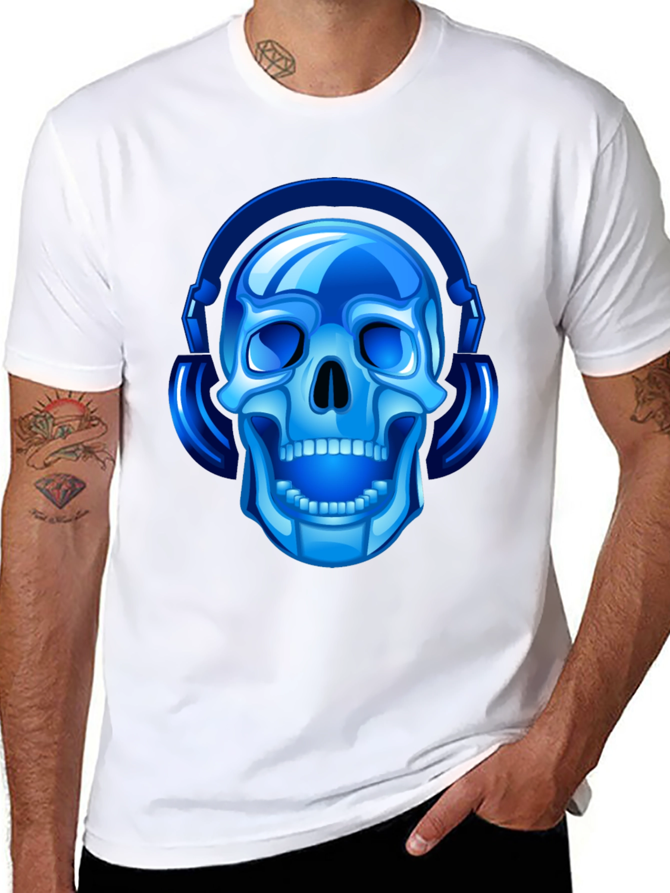 Blue Skull with Headphones Graphic Tee