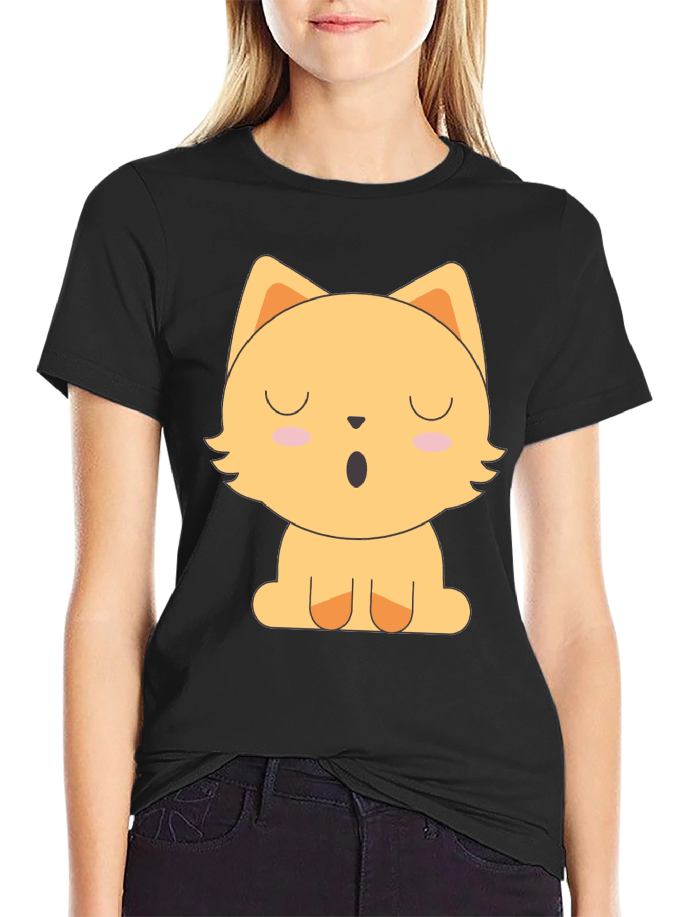 Cute Cartoon Cat Graphic Black T-Shirt