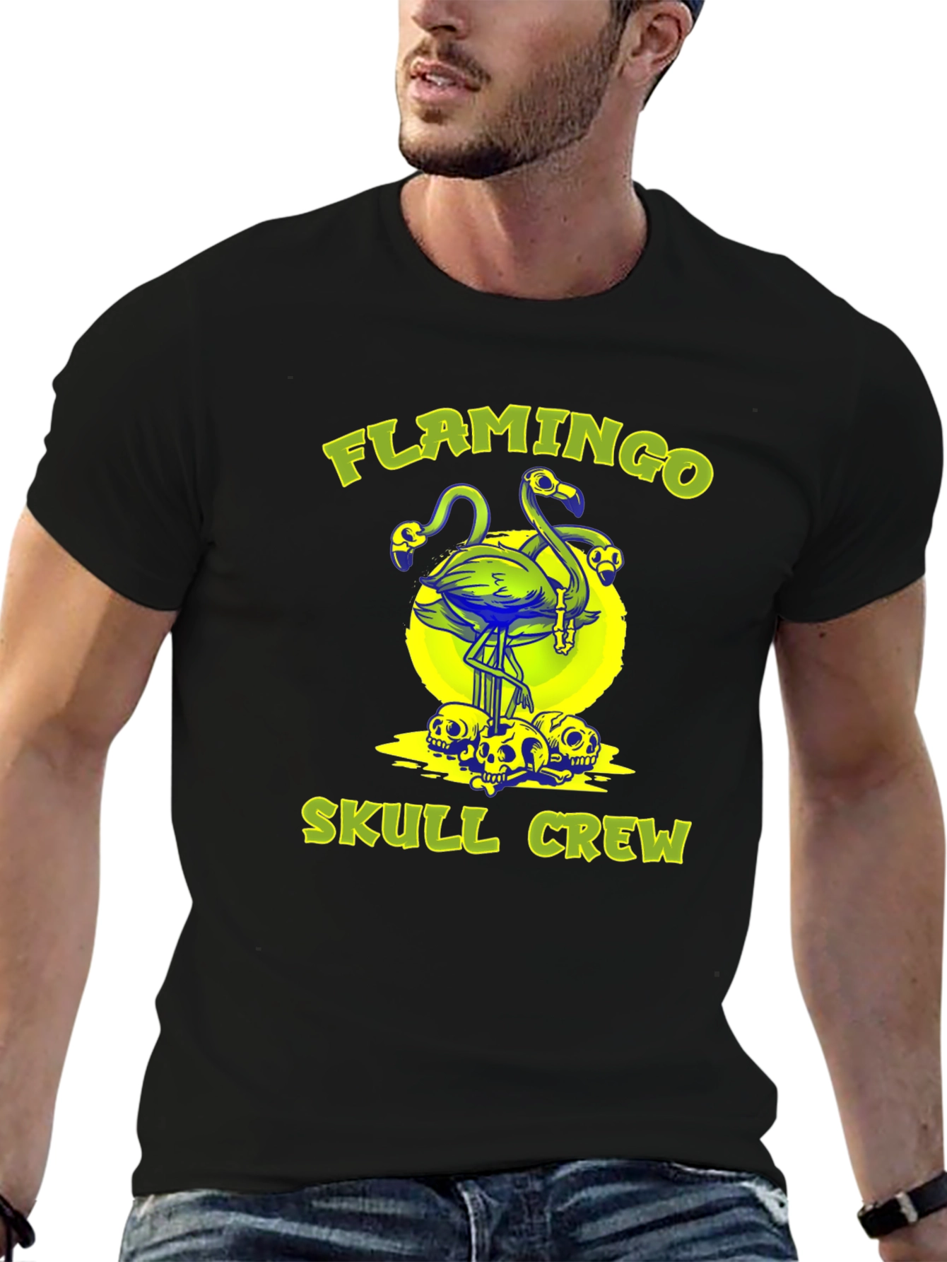 Flamingo Skull Crew Black Graphic Tee