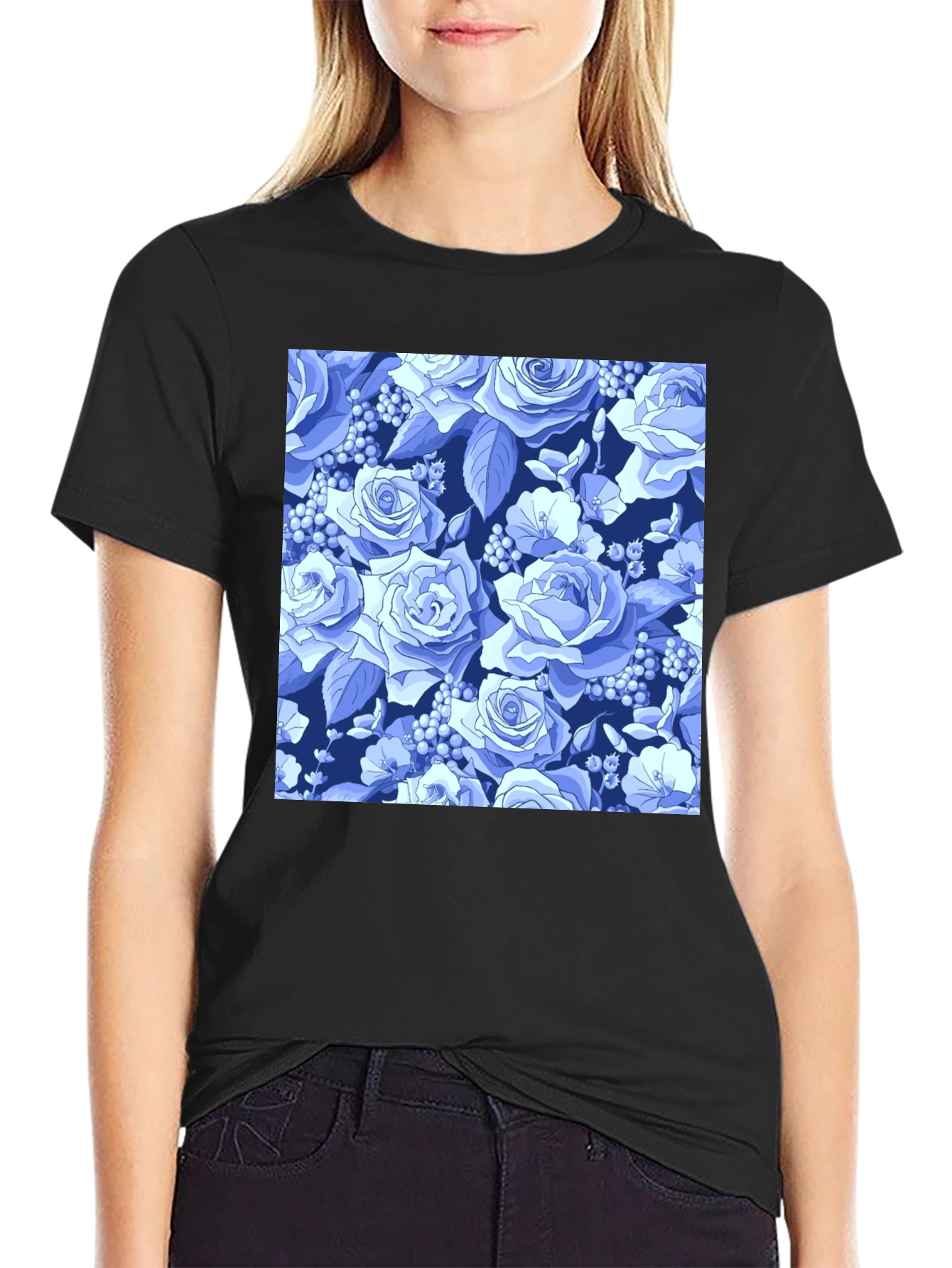 Floral Rose Print Black T-Shirt