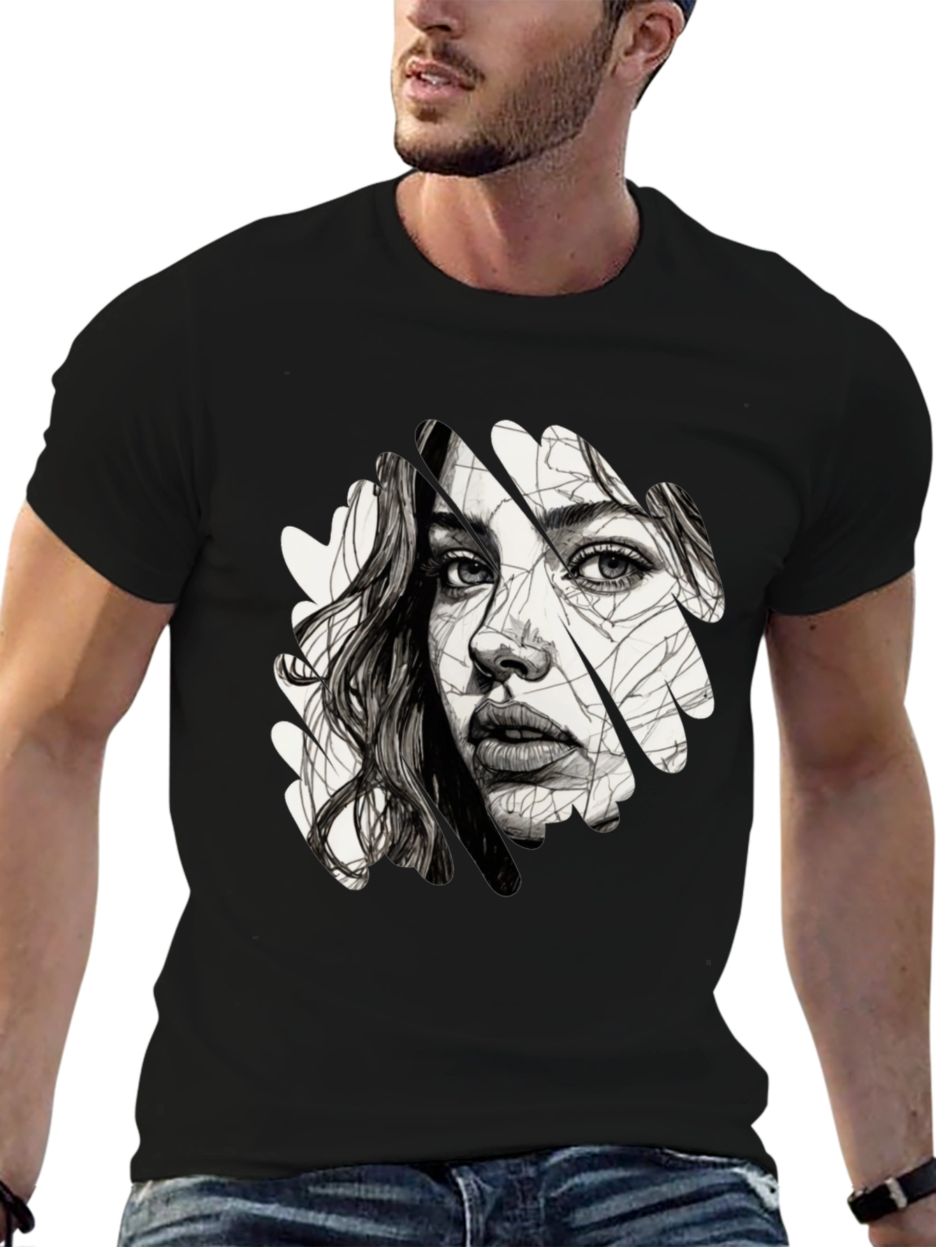Abstract Woman Face Graphic Black T-Shirt