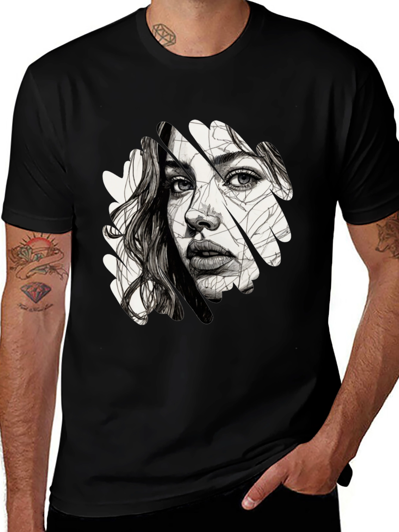 Abstract Woman Face Graphic Black T-Shirt