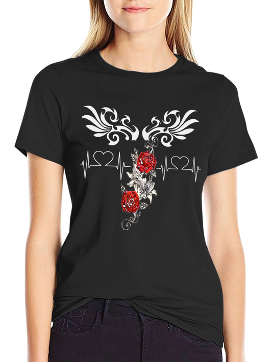 Heartbeat Rose Tattoo Graphic Black T-Shirt