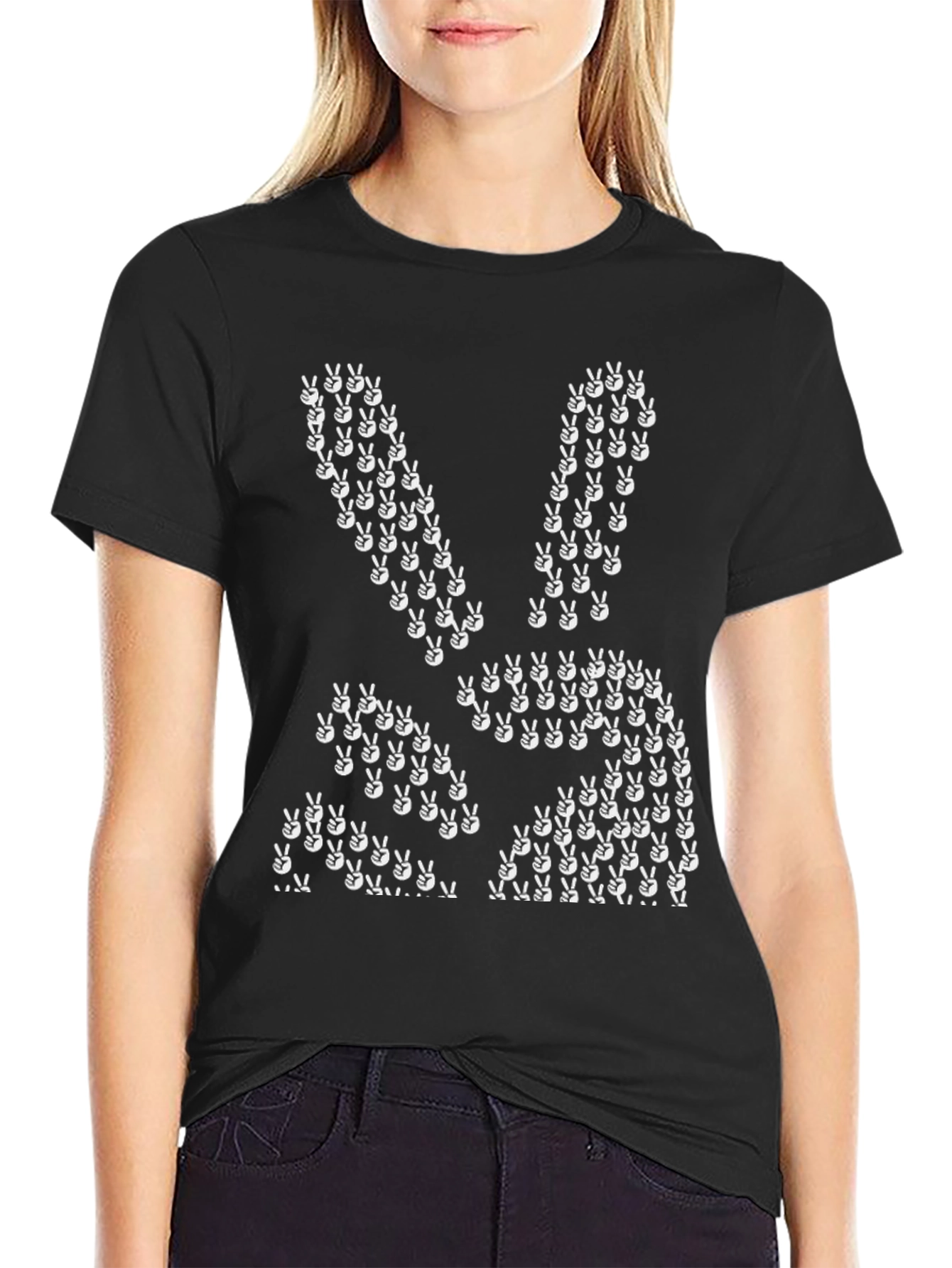 Peace Bunny Graphic Tee - Black Cotton T-Shirt