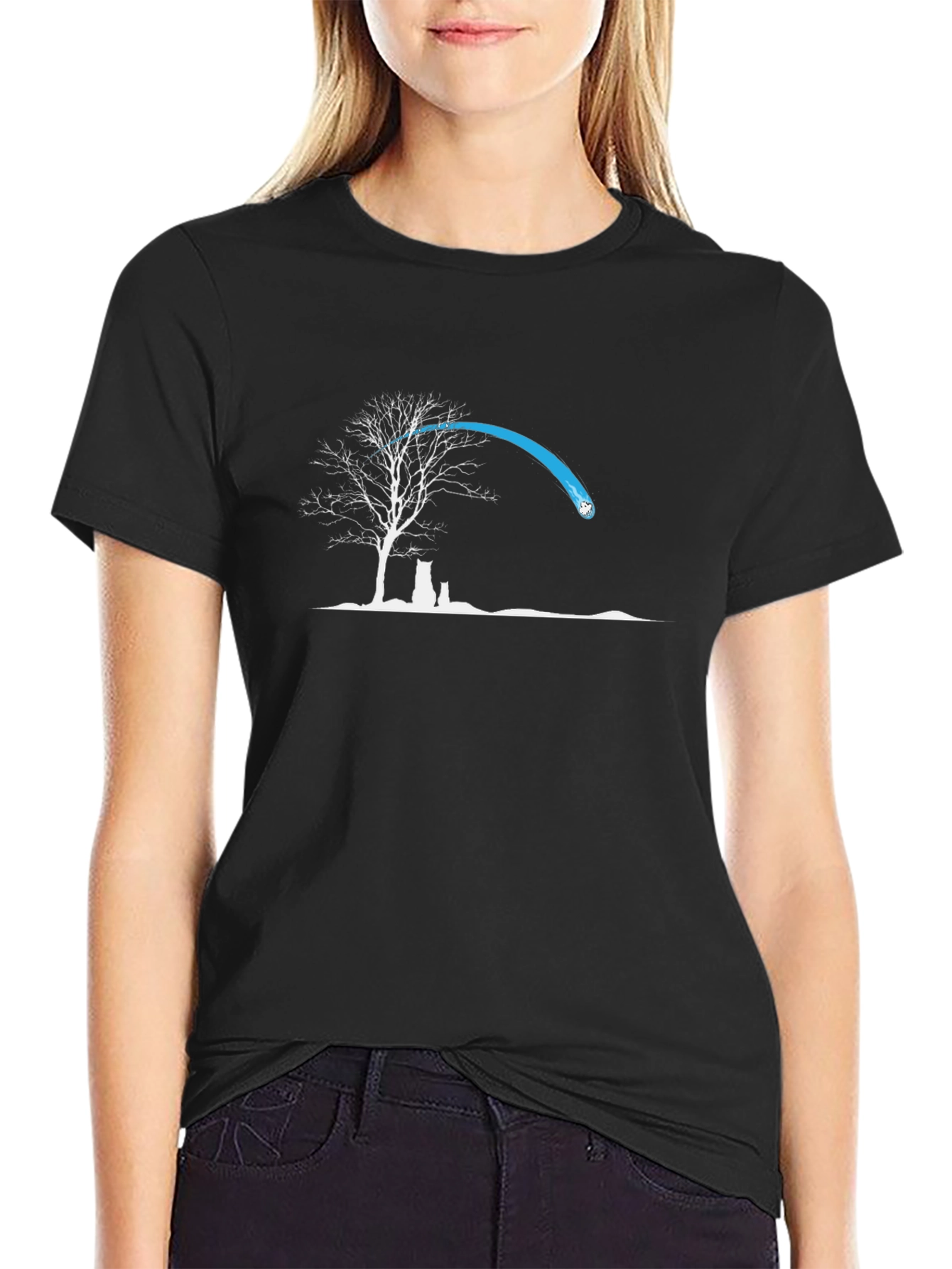 Black Graphic Tee: Tree & Cat Silhouette Design