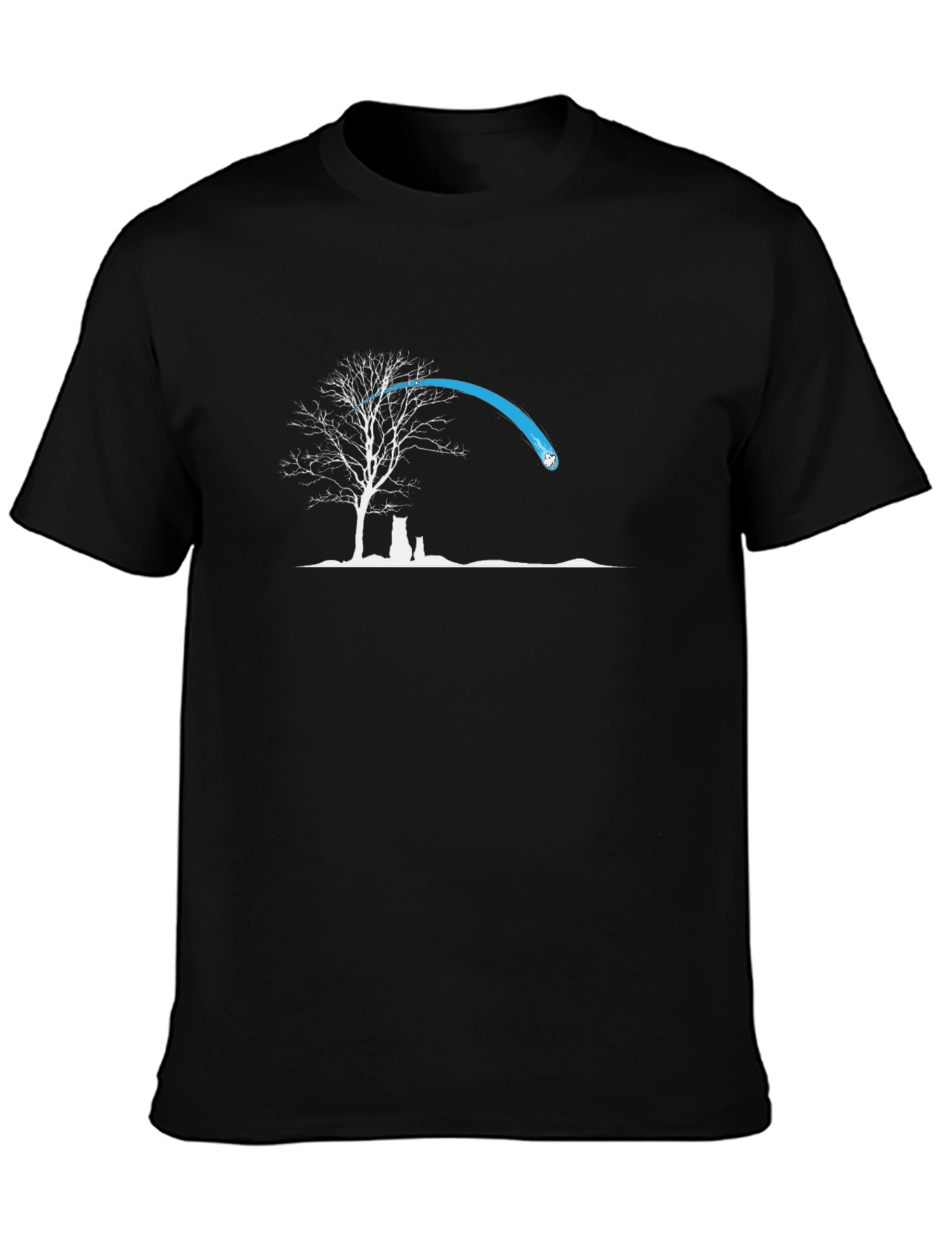 Black Graphic Tee: Tree & Cat Silhouette Design