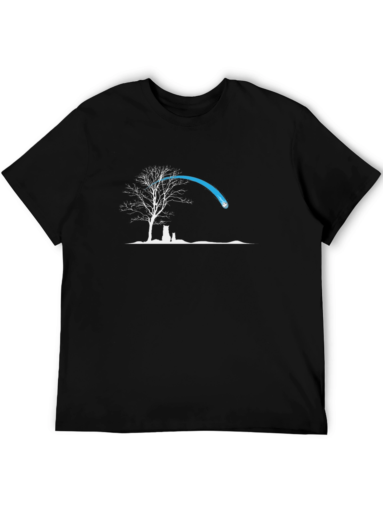 Black Graphic Tee: Tree & Cat Silhouette Design