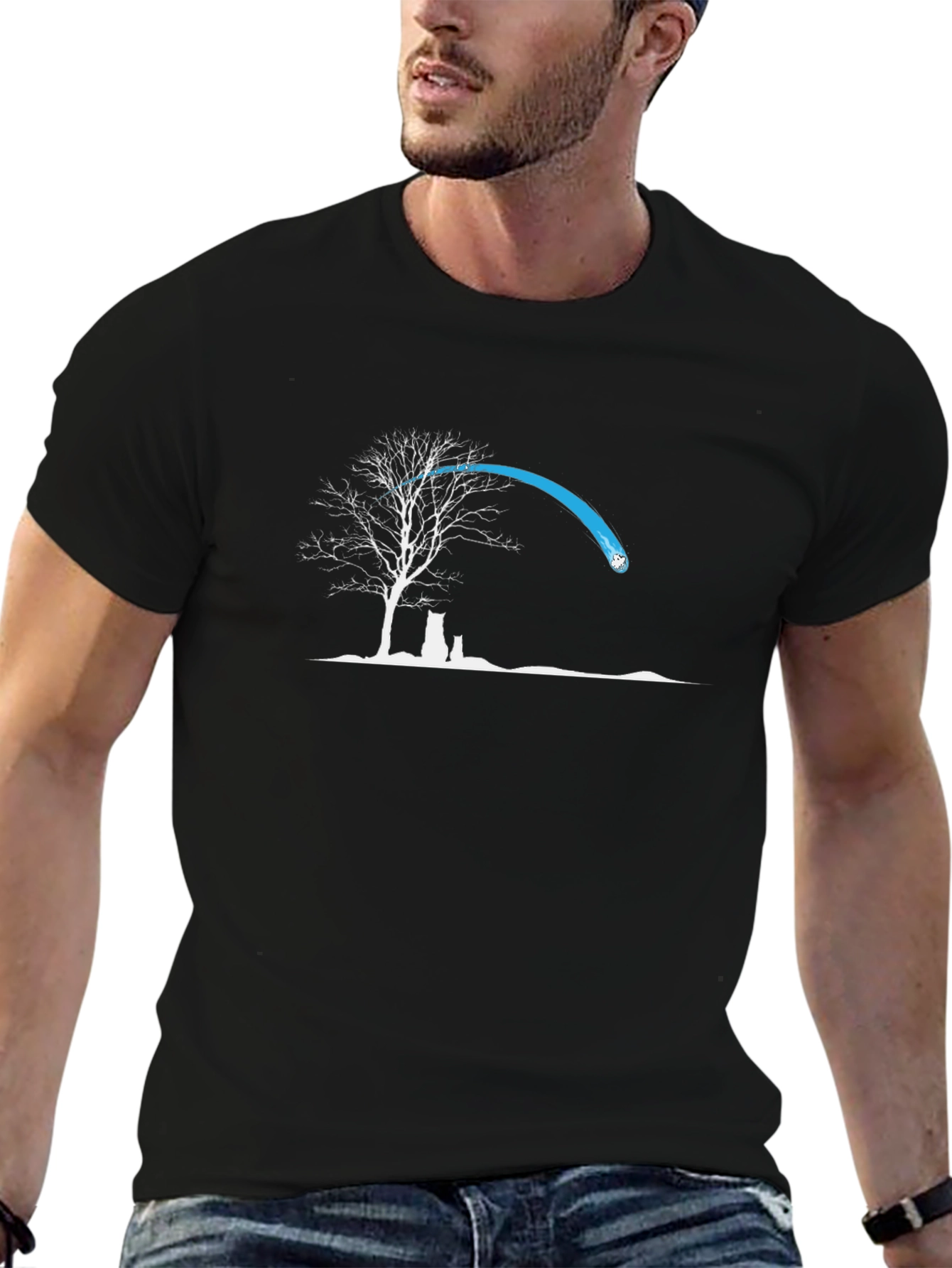 Black Graphic Tee: Tree & Cat Silhouette Design