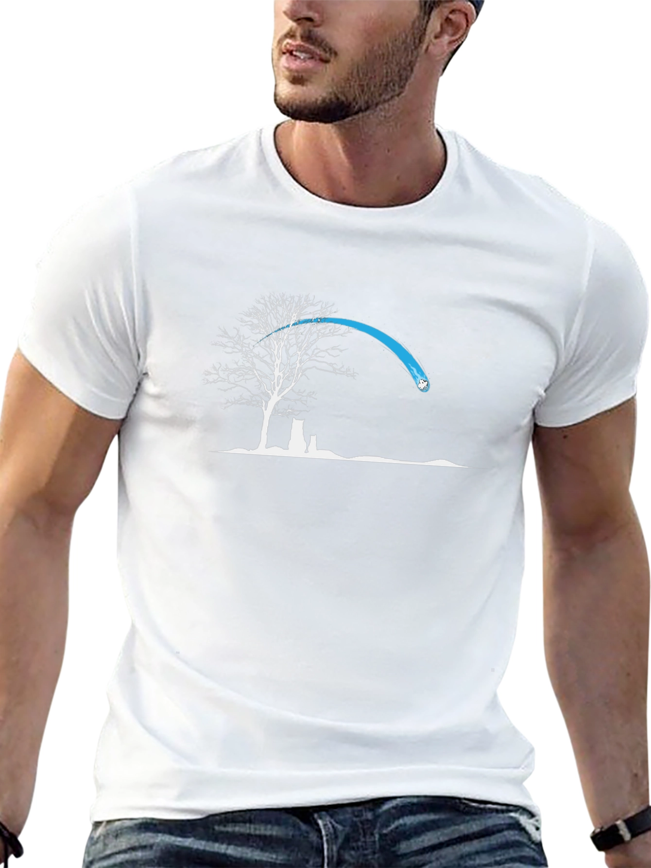 Black Graphic Tee: Tree & Cat Silhouette Design