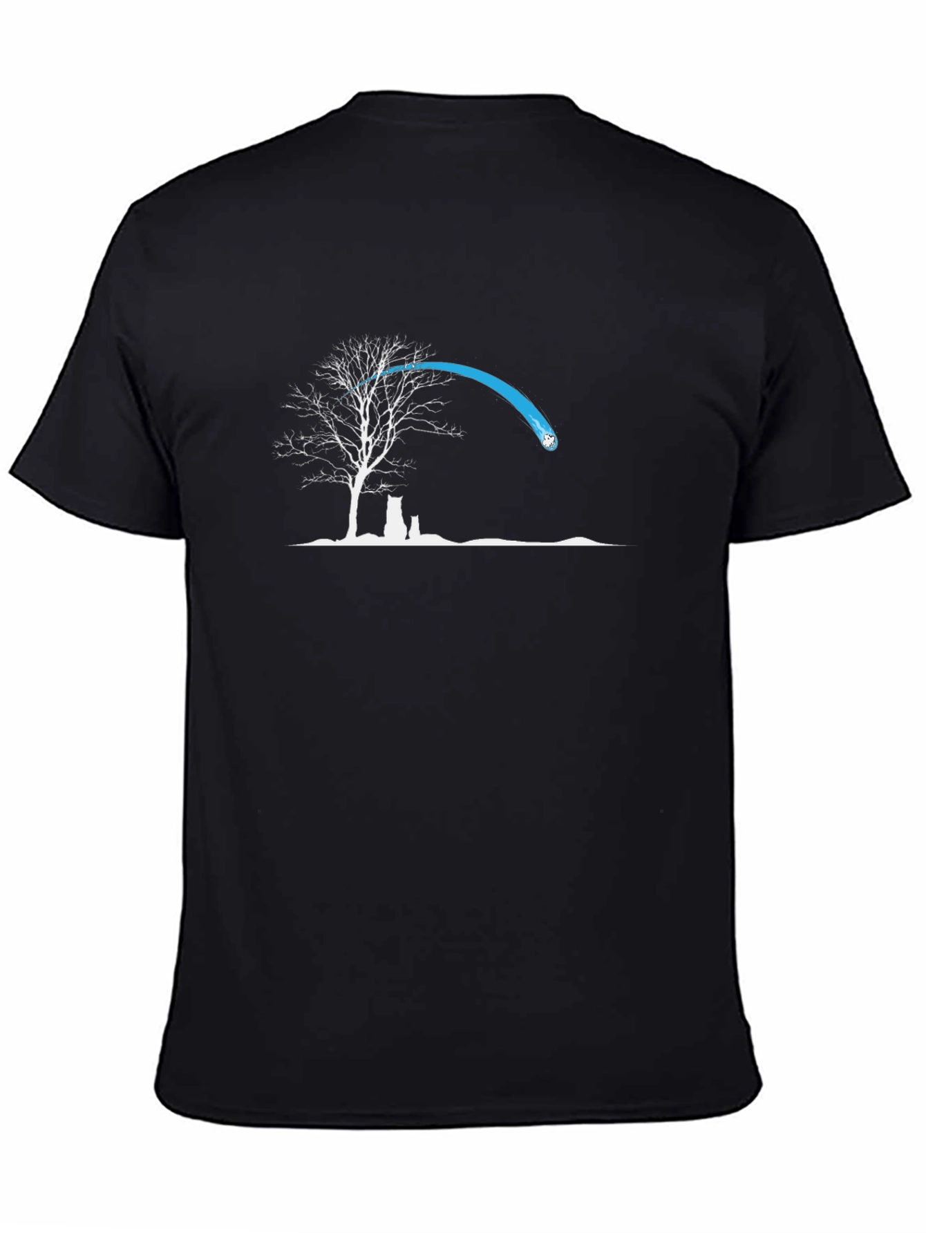 Black Graphic Tee: Tree & Cat Silhouette Design