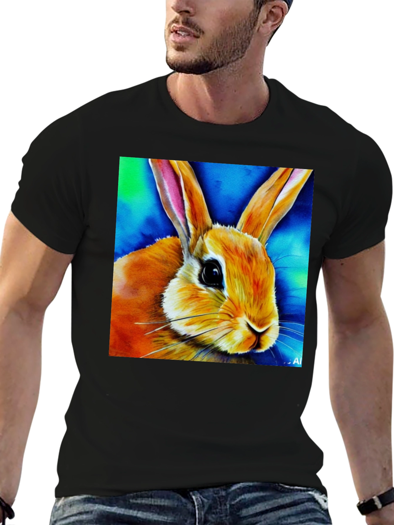 Rabbit Art Graphic Tee - Black Cotton Blend Shirt