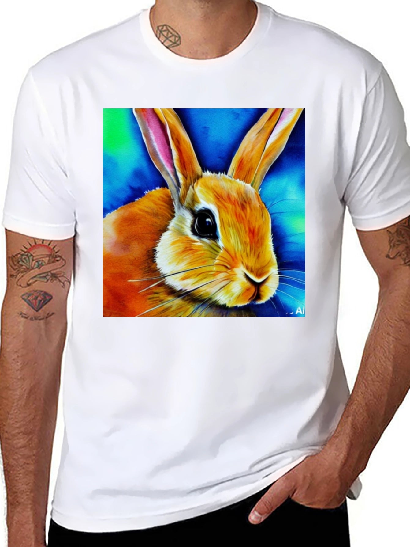 Rabbit Art Graphic Tee - Black Cotton Blend Shirt