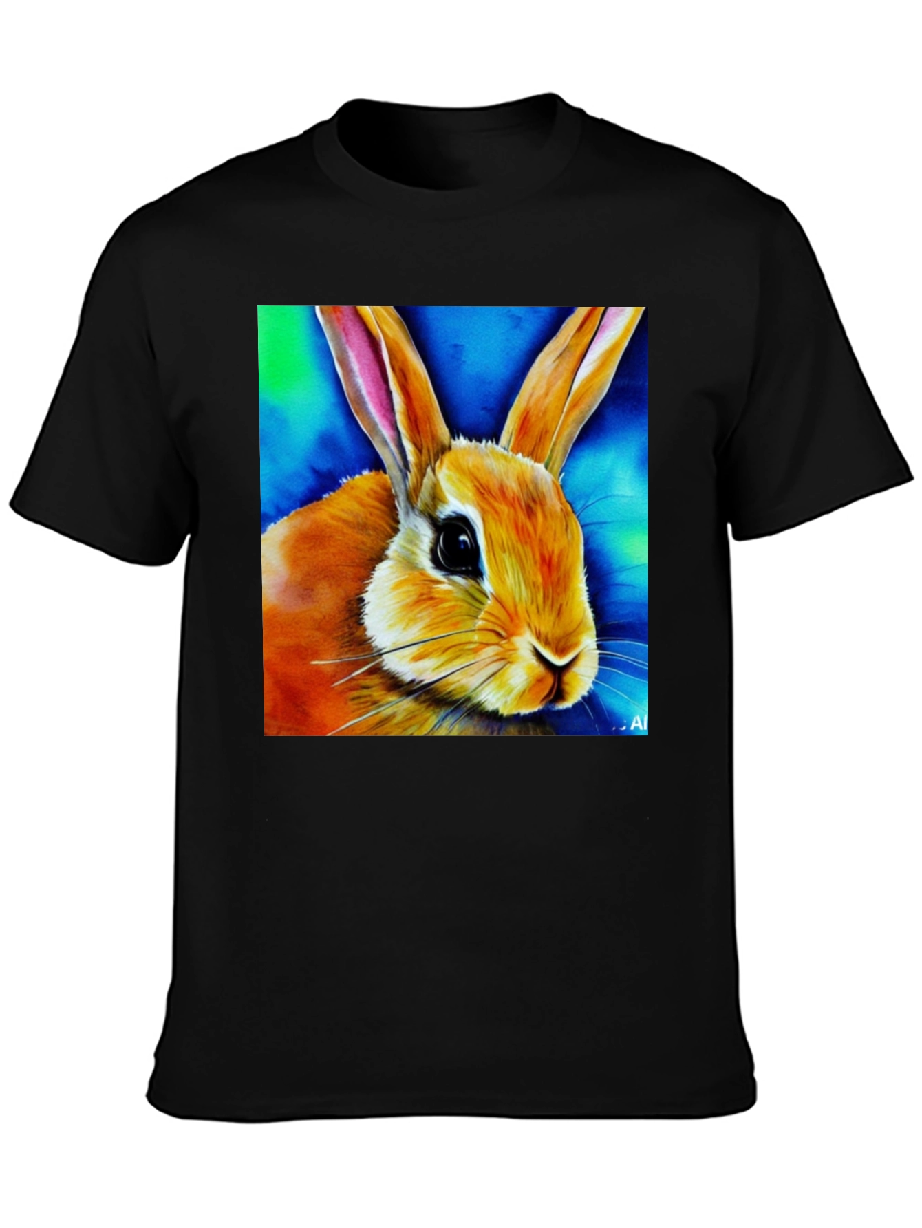 Rabbit Art Graphic Tee - Black Cotton Blend Shirt