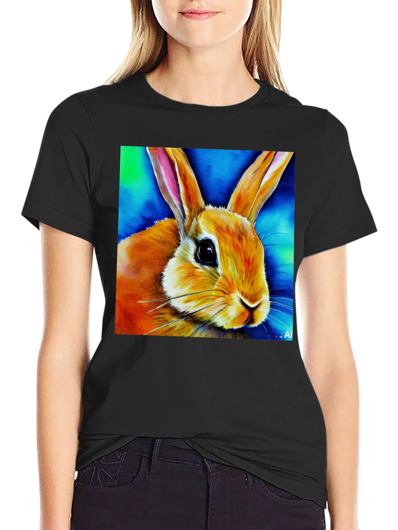 Rabbit Art Graphic Tee - Black Cotton Blend Shirt