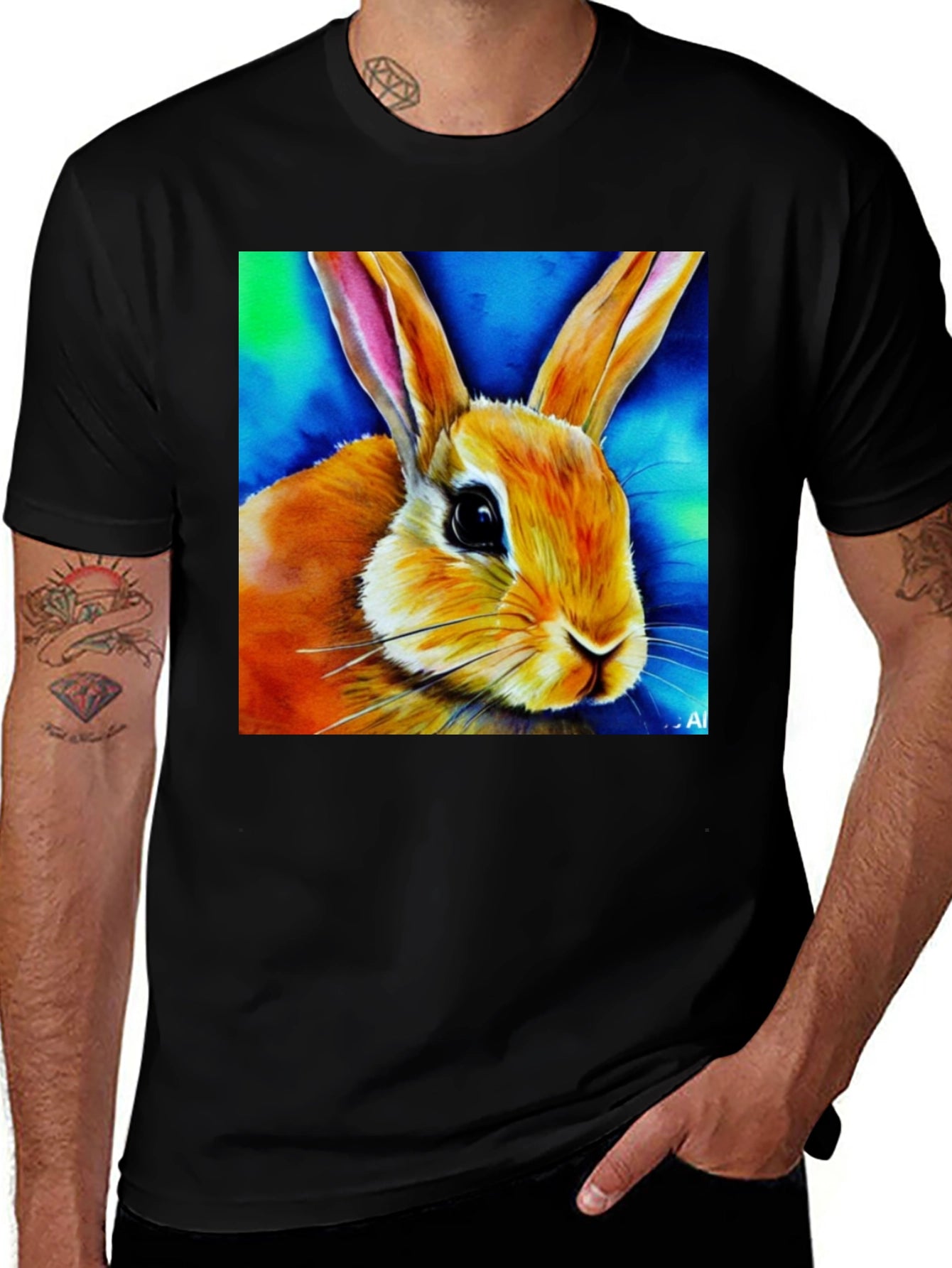 Rabbit Art Graphic Tee - Black Cotton Blend Shirt