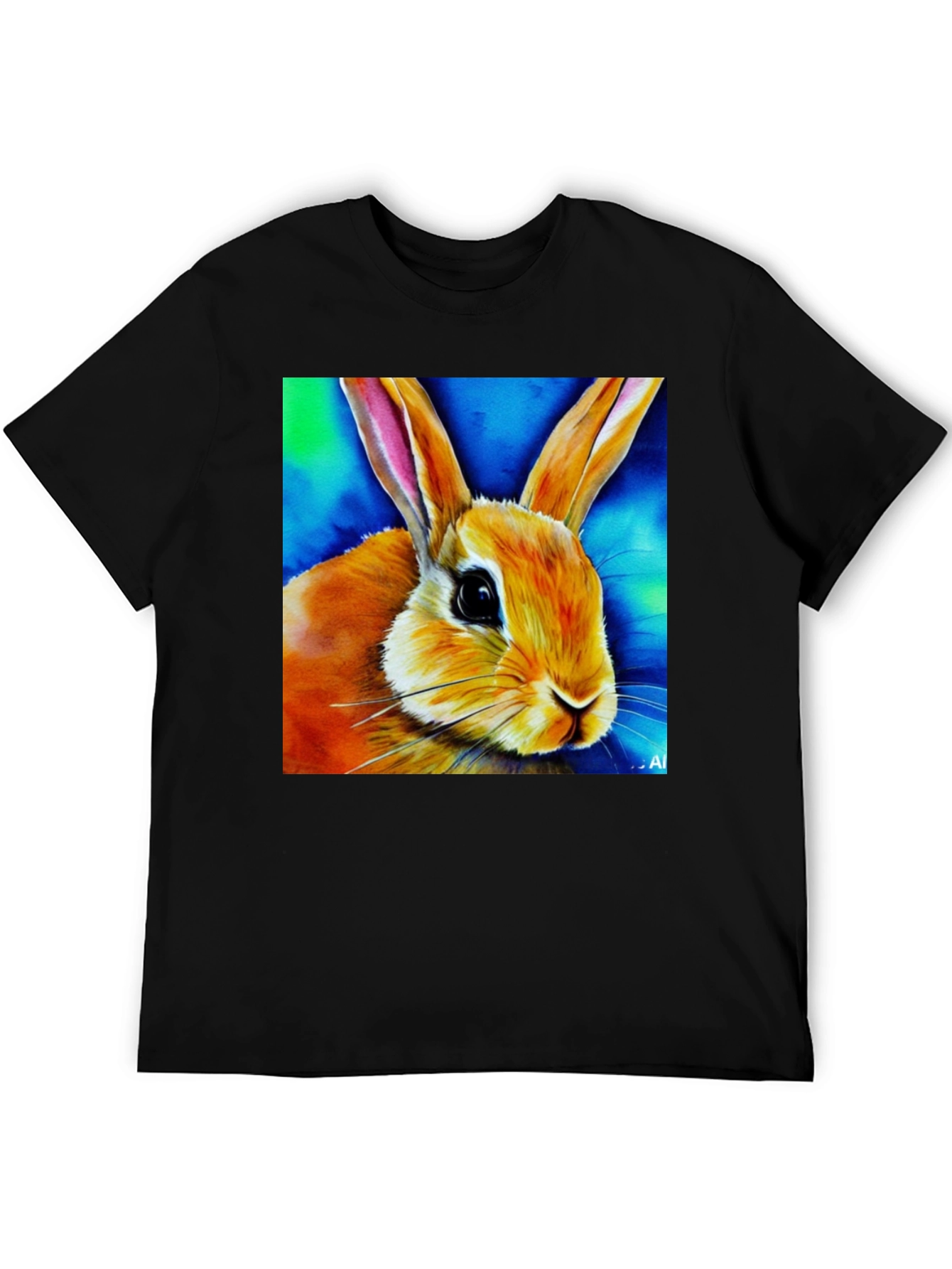 Rabbit Art Graphic Tee - Black Cotton Blend Shirt