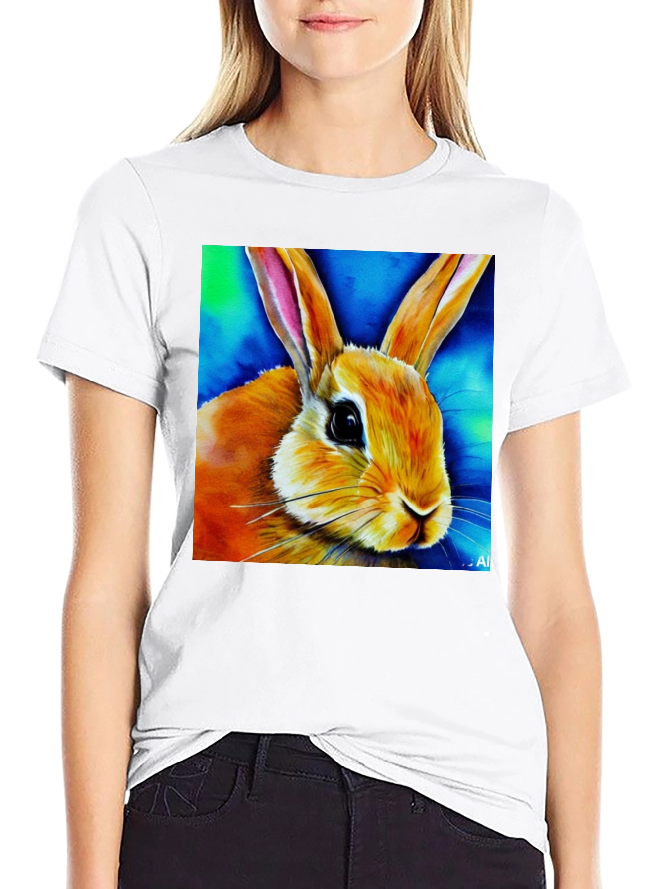 Rabbit Art Graphic Tee - Black Cotton Blend Shirt