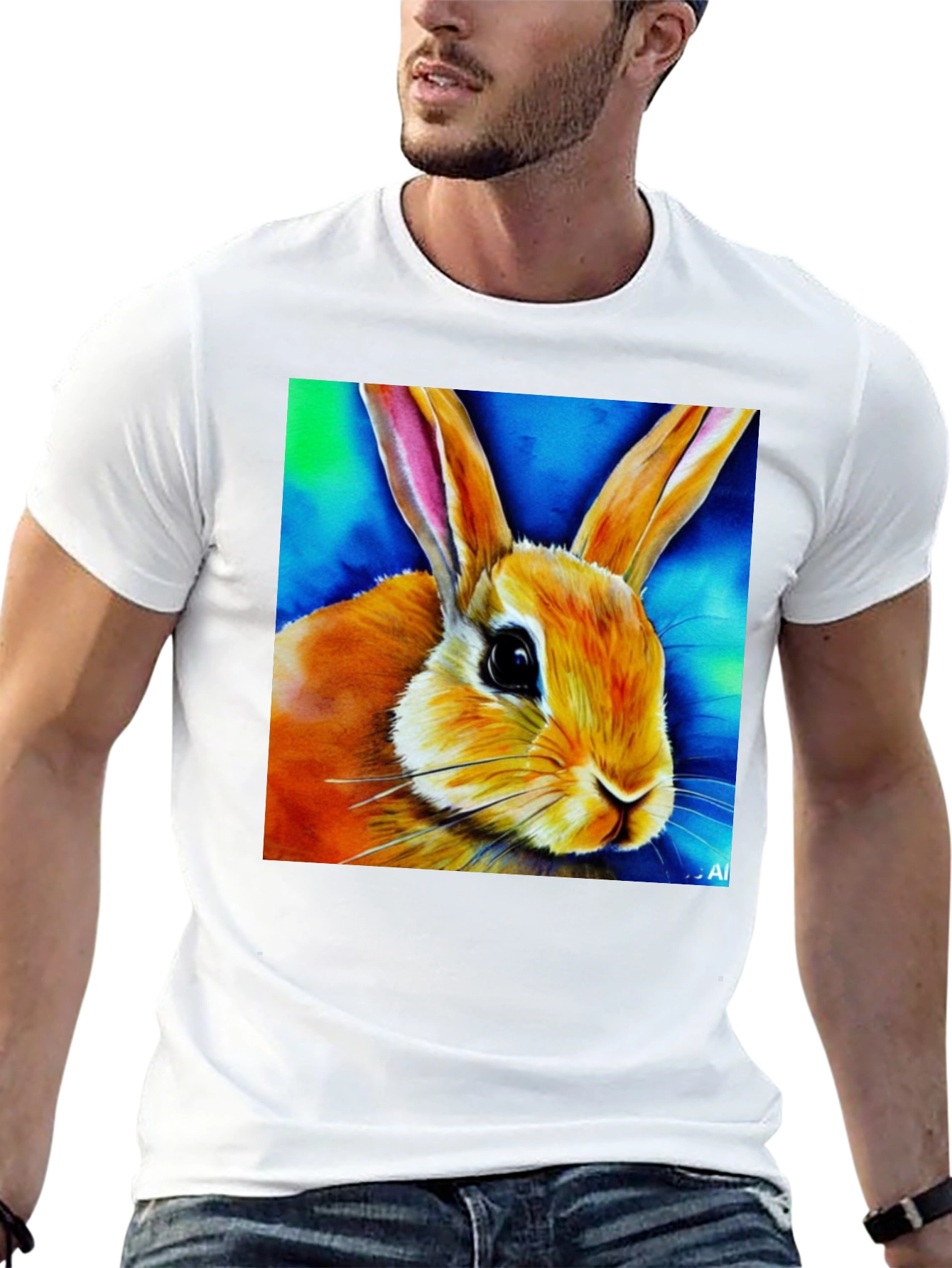 Rabbit Art Graphic Tee - Black Cotton Blend Shirt