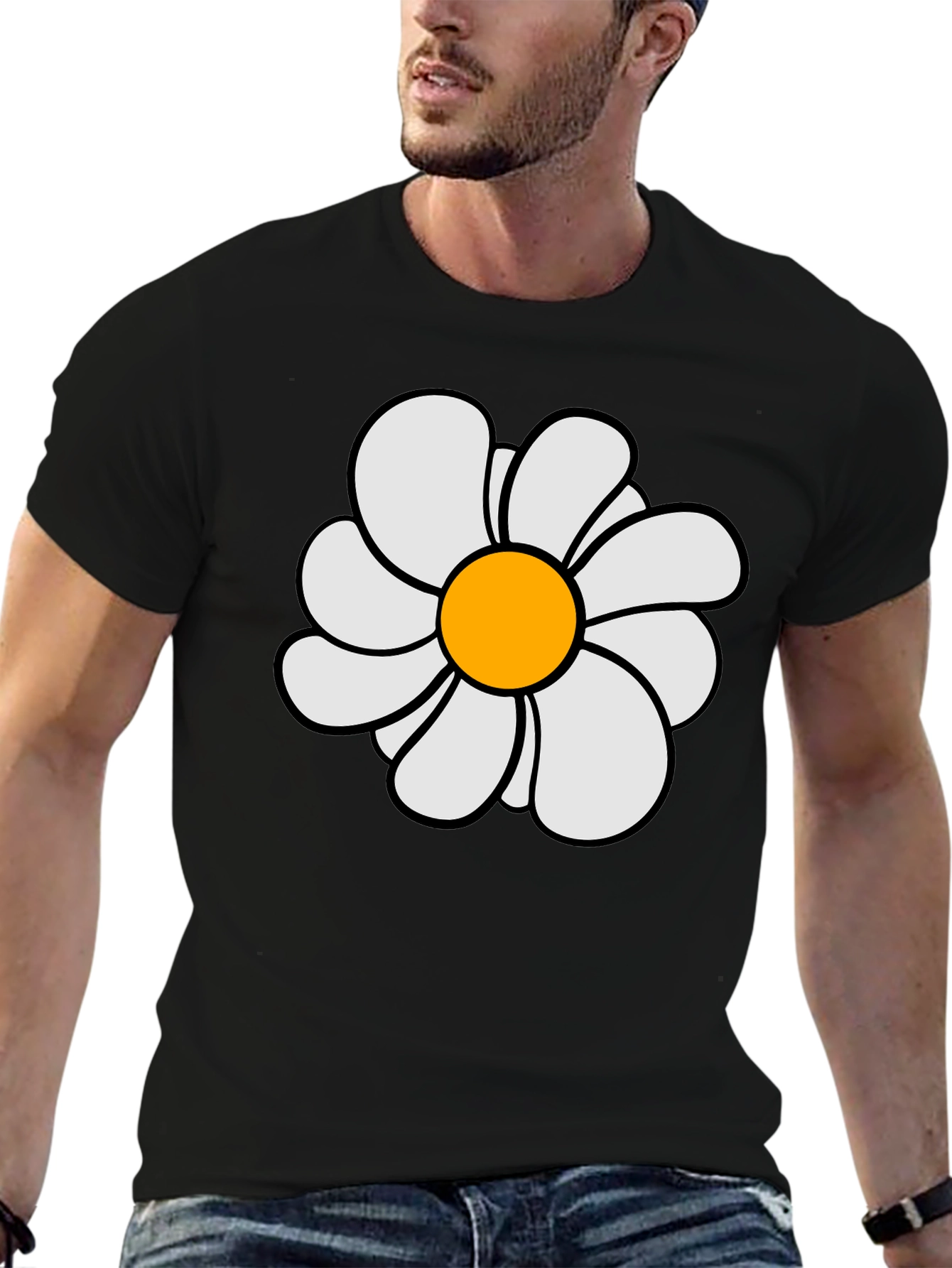 Daisy Flower Graphic Print Black T-Shirt