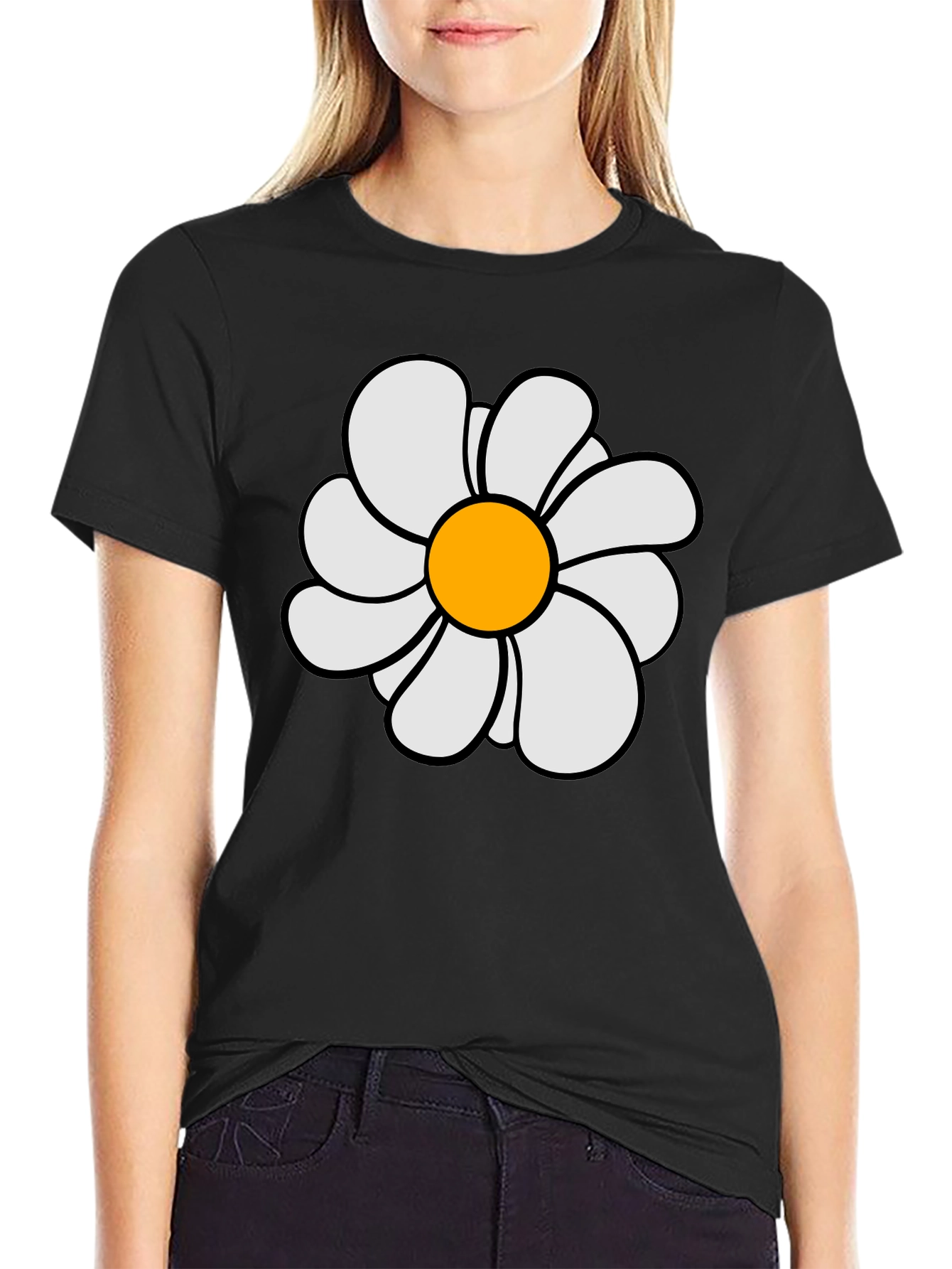 Daisy Flower Graphic Print Black T-Shirt