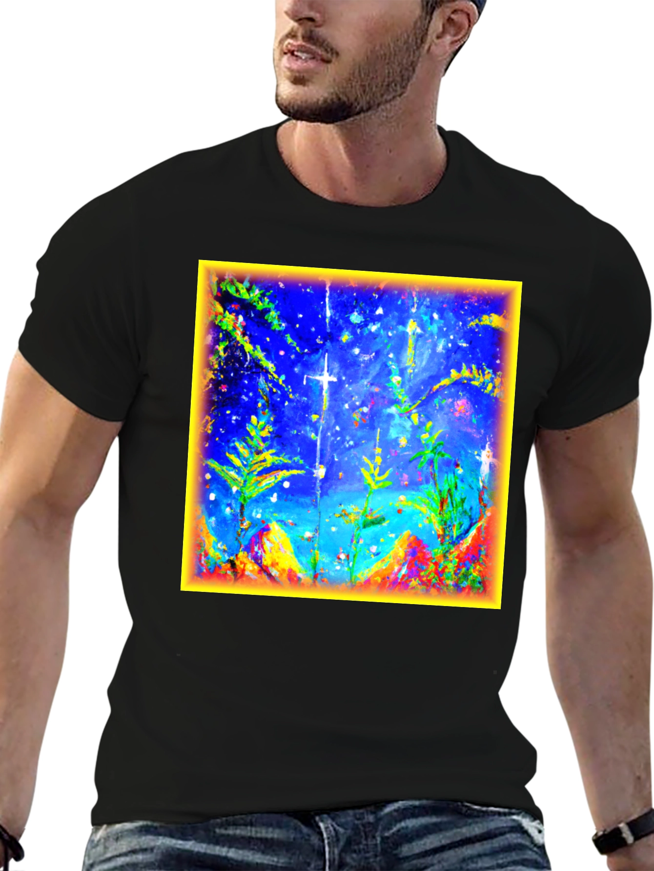 Abstract Art Graphic Tee - Mens Black Cotton T-Shirt