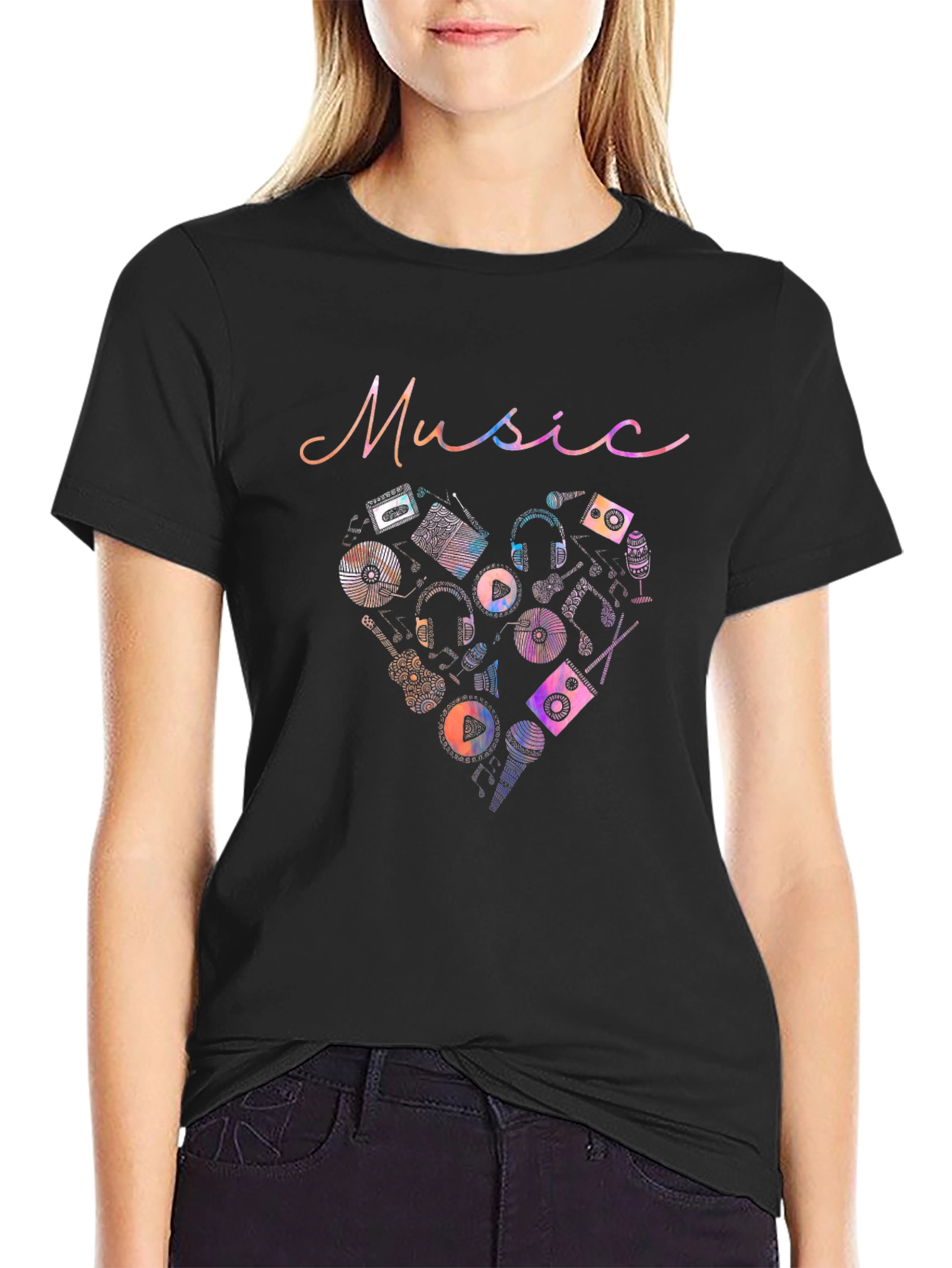 Music Heart Graphic Mens Black T-Shirt