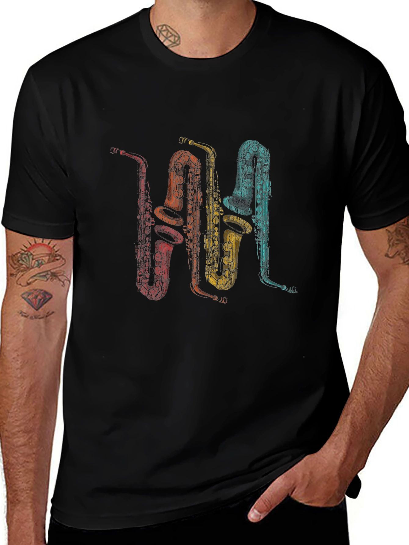 Retro Saxophone Print T-Shirt - Music Lover Tee