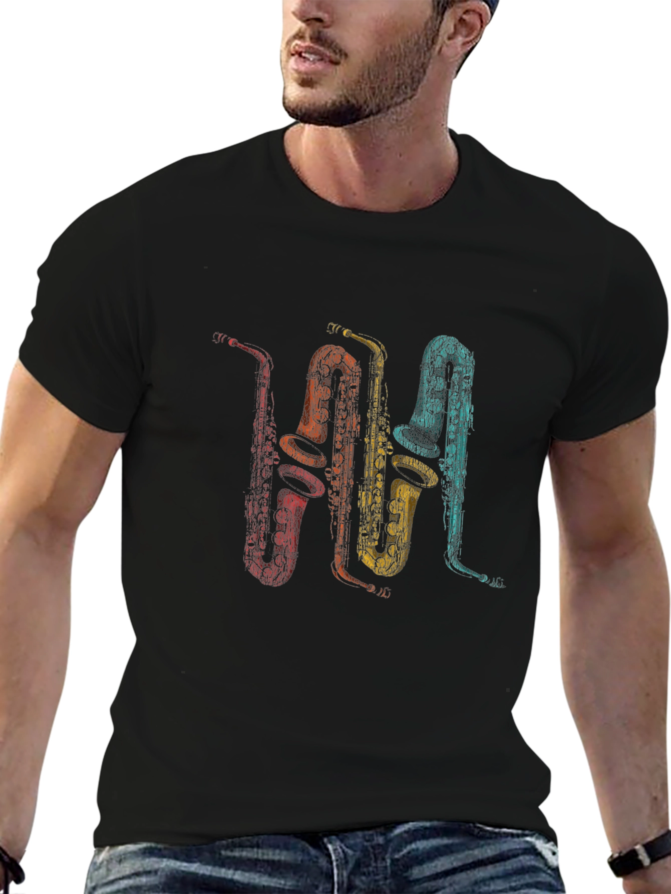 Retro Saxophone Print T-Shirt - Music Lover Tee
