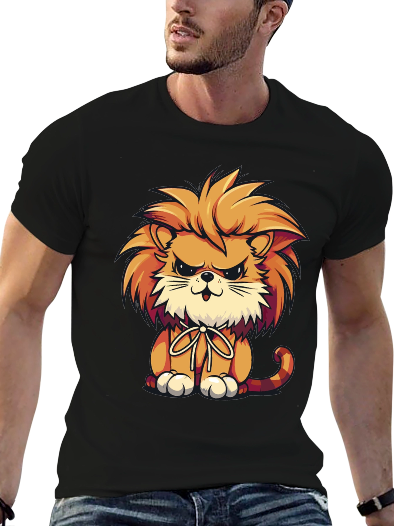 Cartoon Lion Graphic Tee - Black Casual Shirt