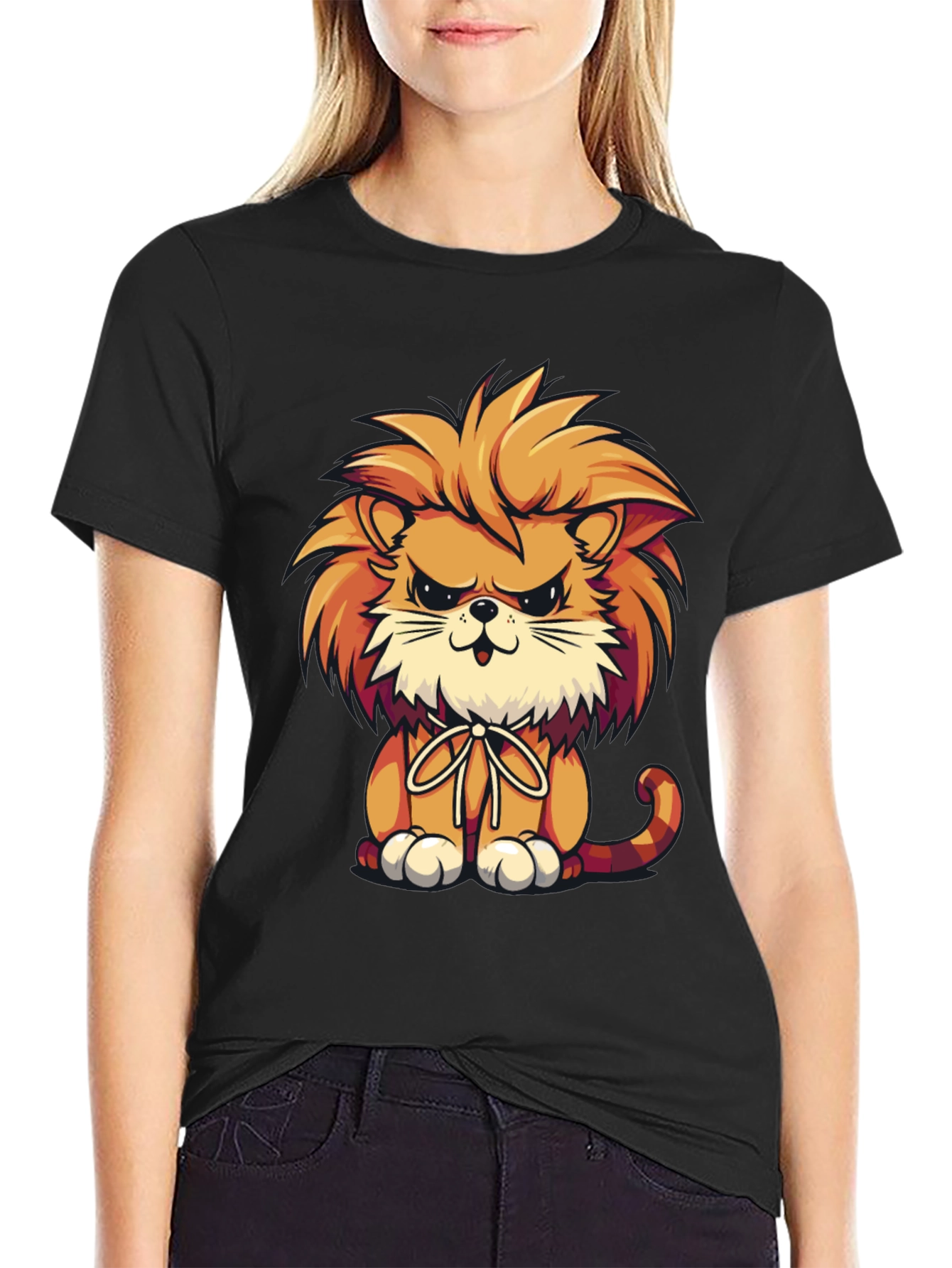 Cartoon Lion Graphic Tee - Black Casual Shirt