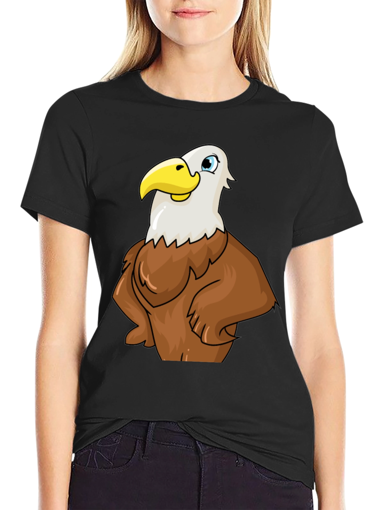 Eagle Cartoon Graphic Tee - Black Cotton T-Shirt