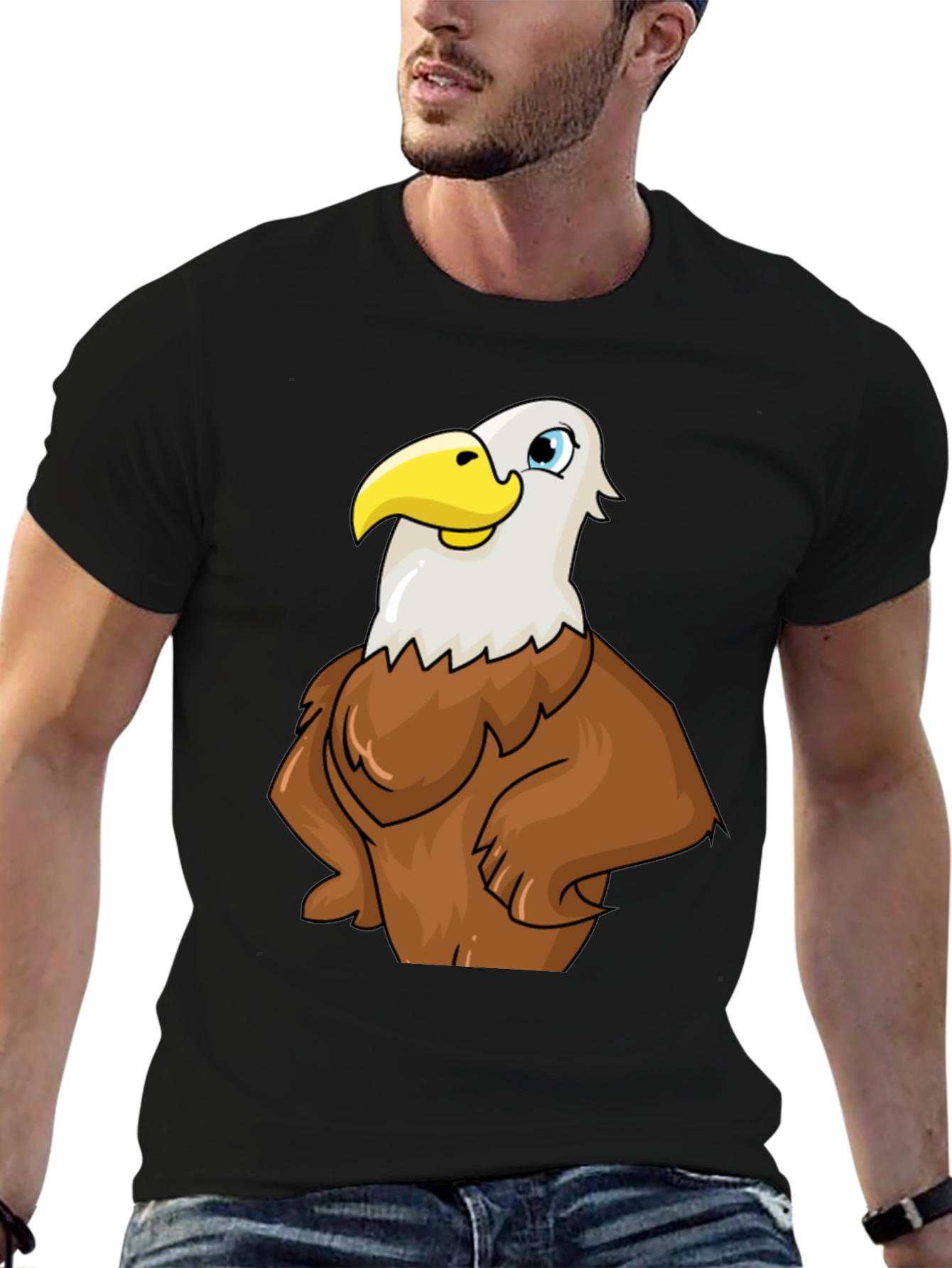 Eagle Cartoon Graphic Tee - Black Cotton T-Shirt