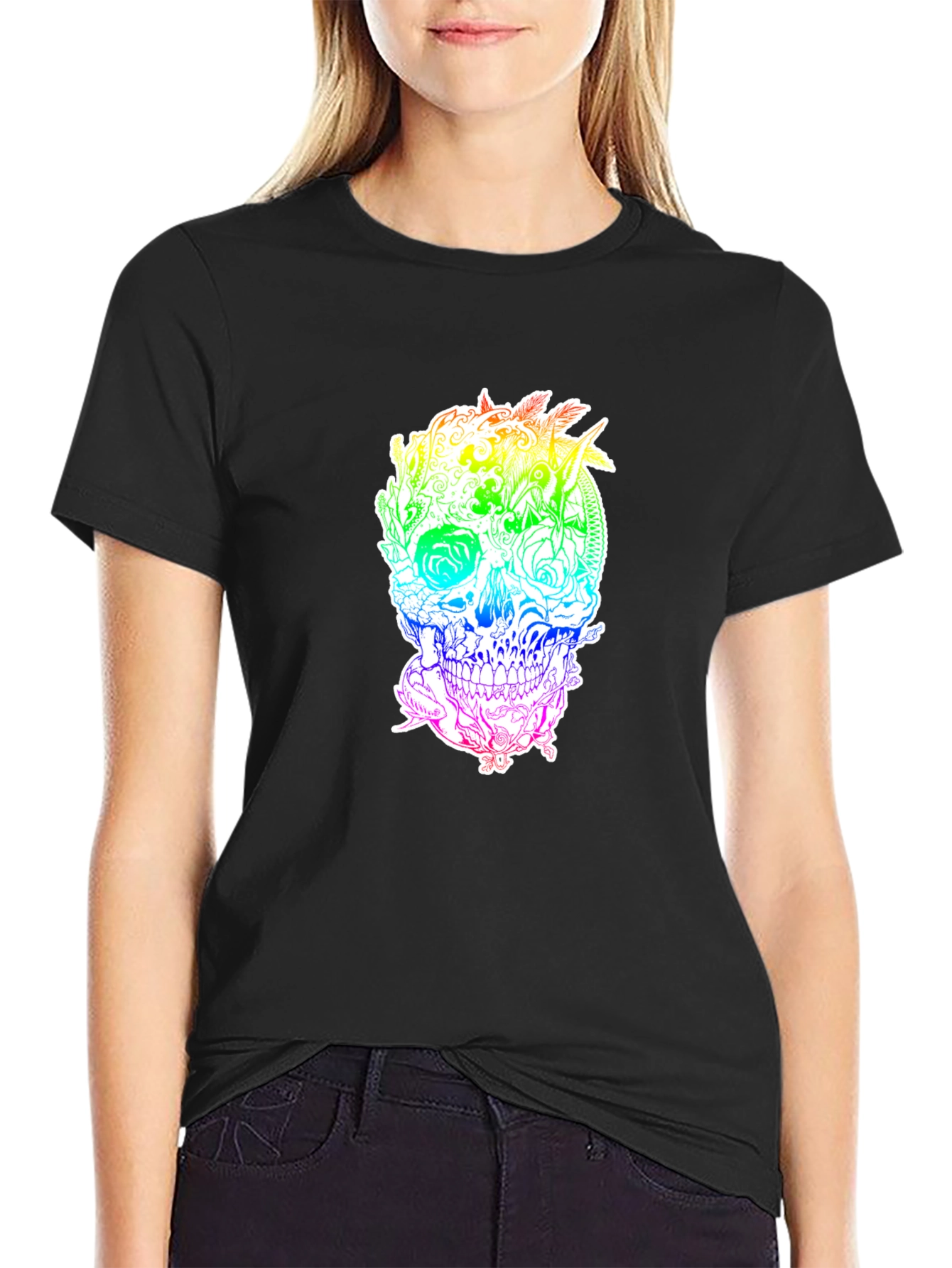Rainbow Floral Skull Graphic Tee
