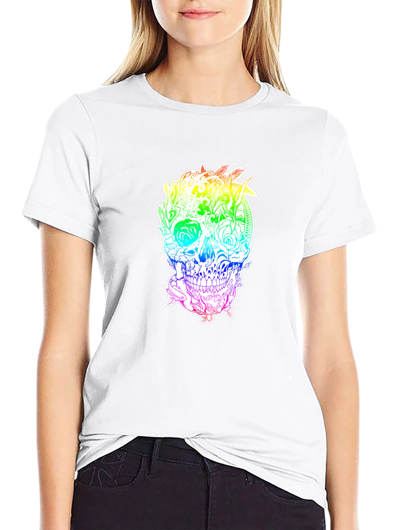 Rainbow Floral Skull Graphic Tee