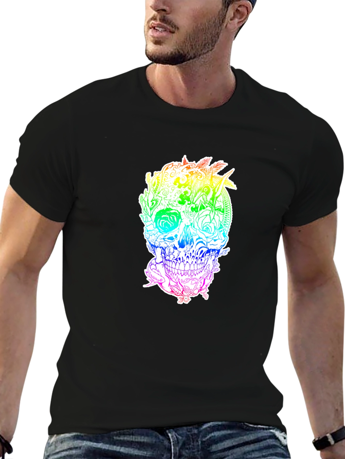 Rainbow Floral Skull Graphic Tee