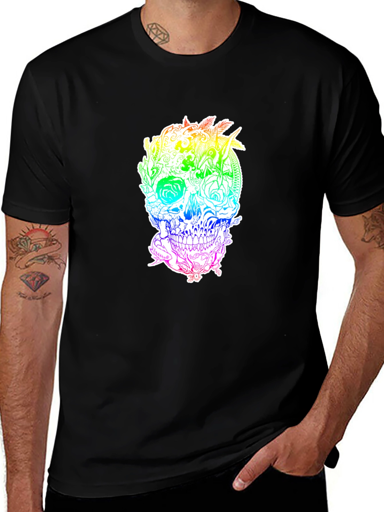 Rainbow Floral Skull Graphic Tee