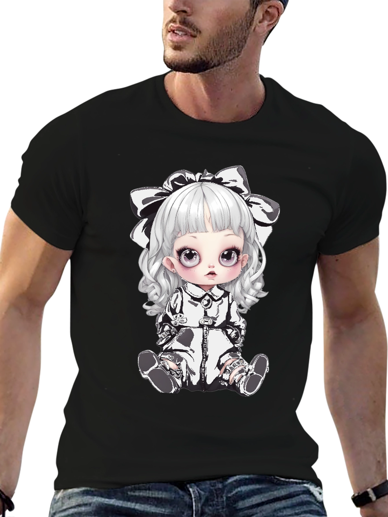 Black T-Shirt with Gothic Doll Design