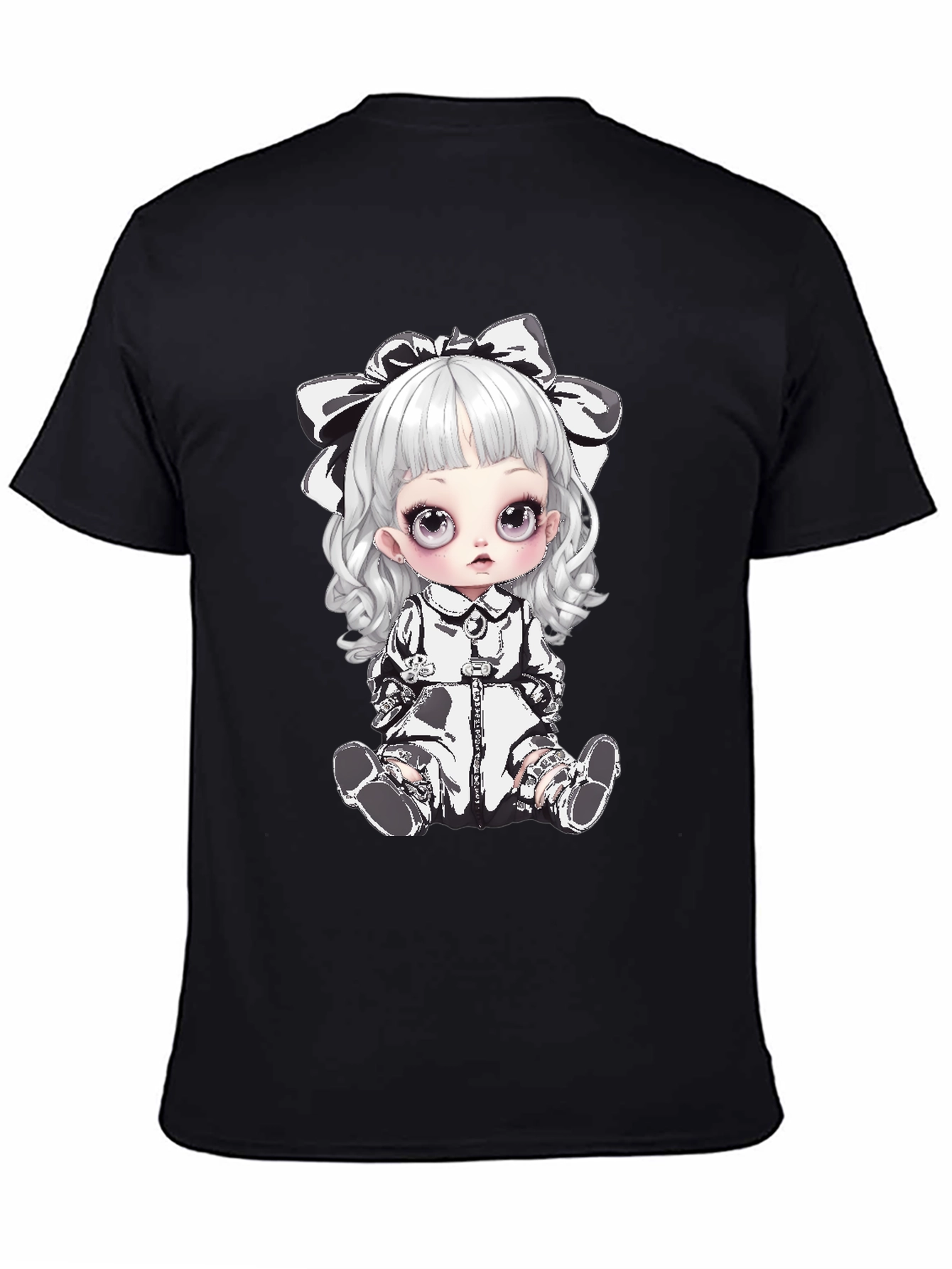 Black T-Shirt with Gothic Doll Design