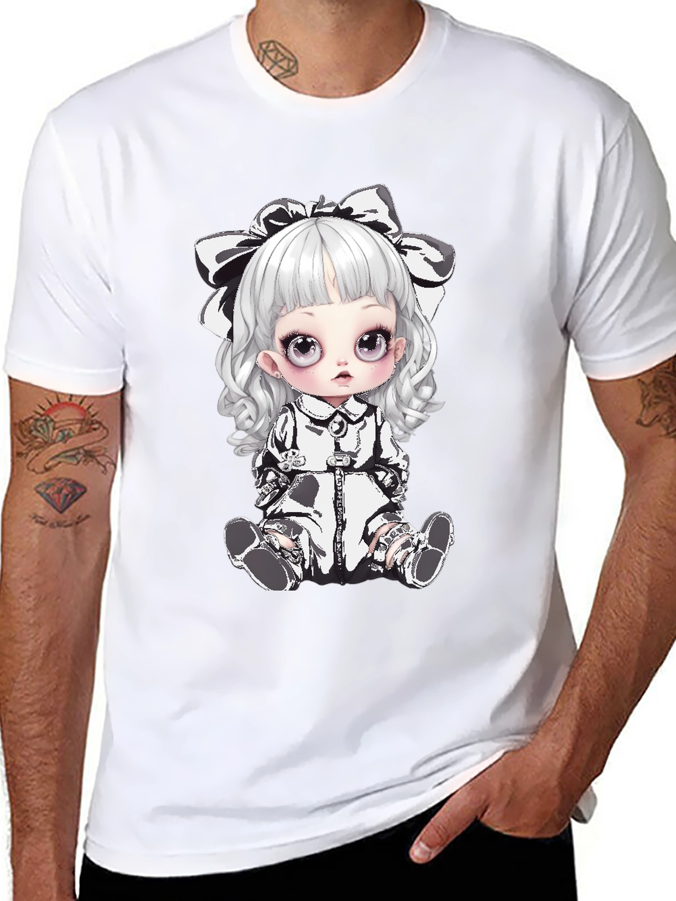 Black T-Shirt with Gothic Doll Design