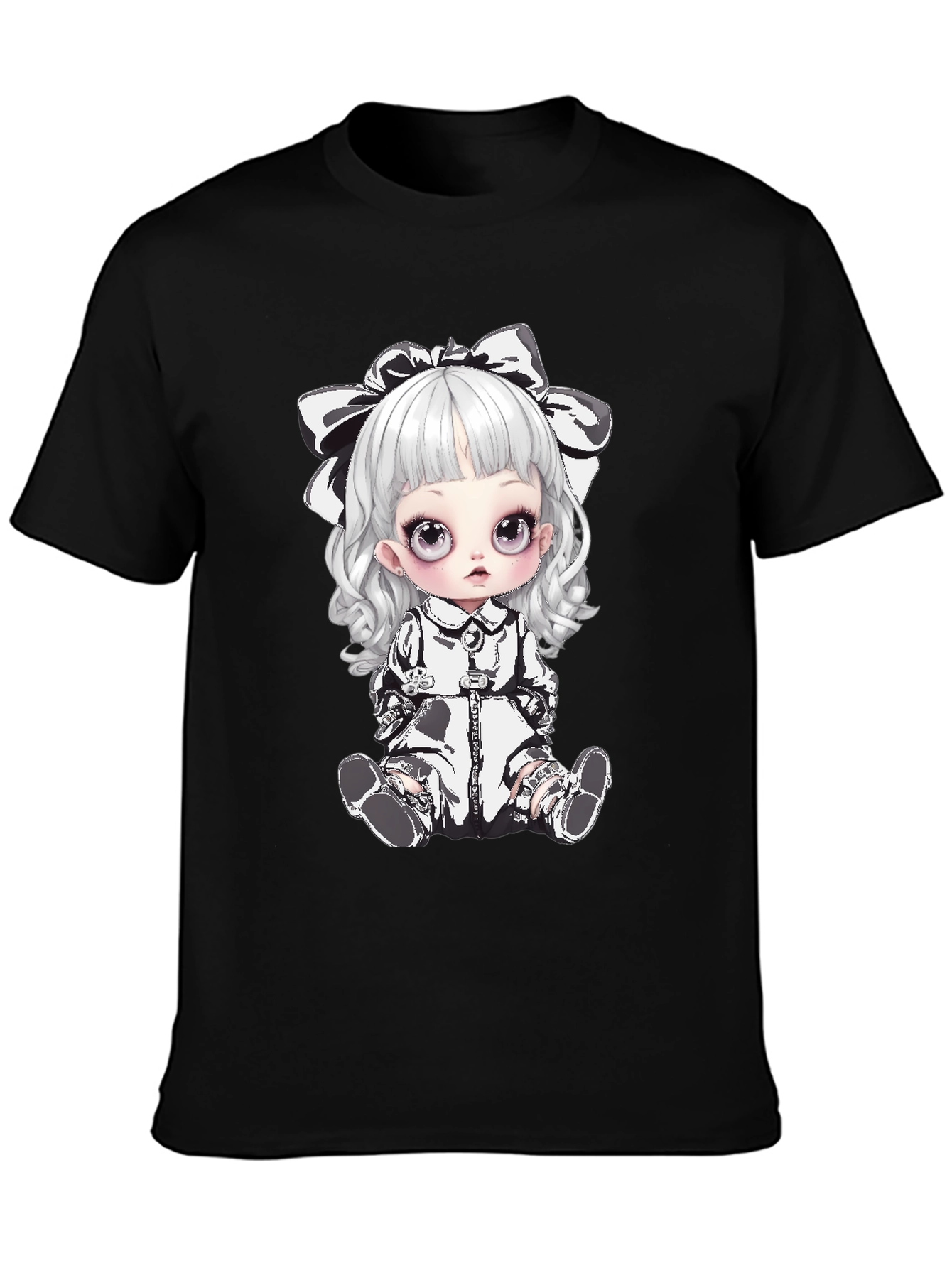 Black T-Shirt with Gothic Doll Design