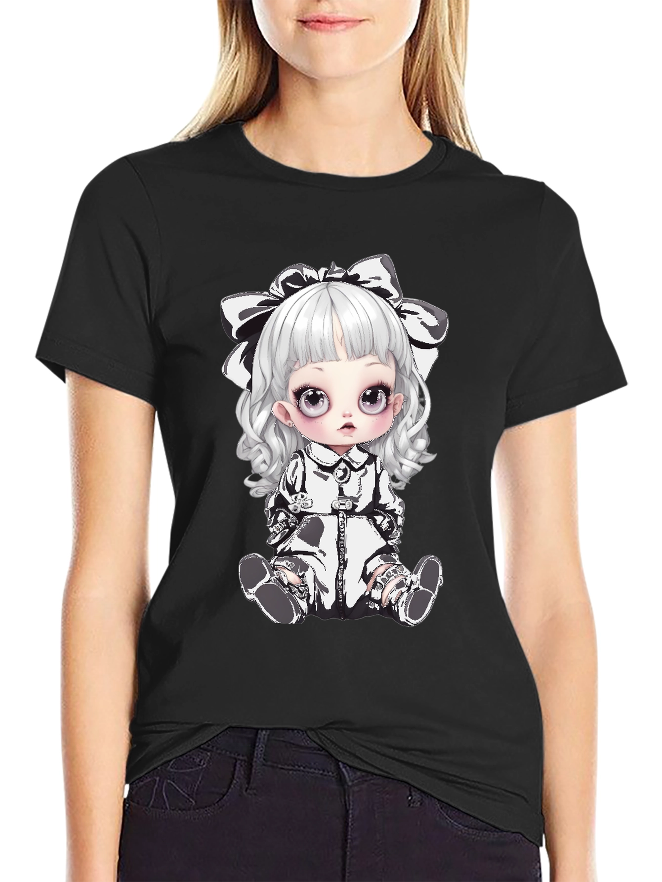 Black T-Shirt with Gothic Doll Design