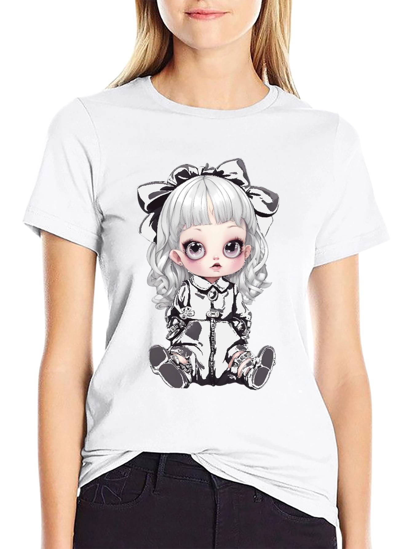 Black T-Shirt with Gothic Doll Design