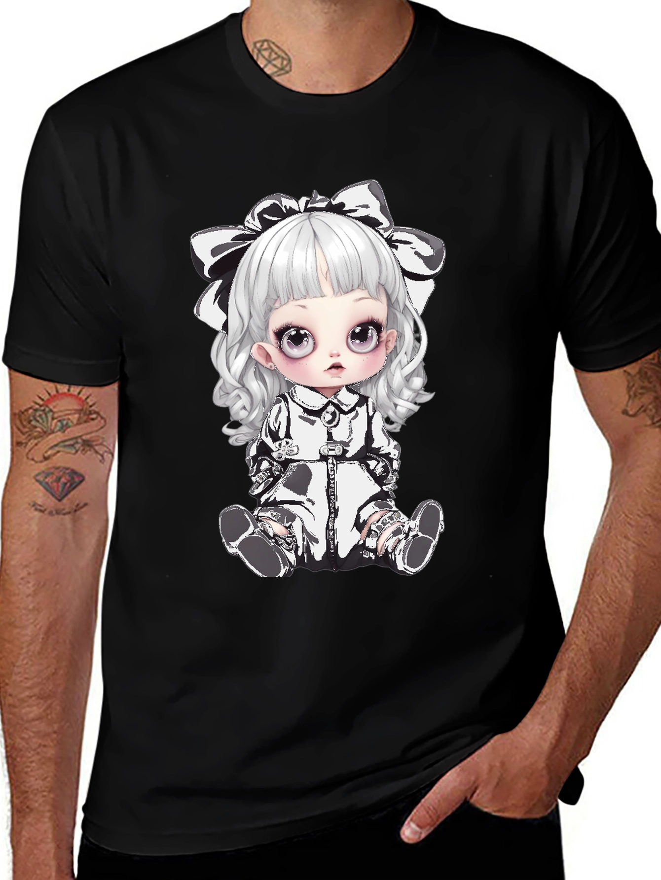 Black T-Shirt with Gothic Doll Design
