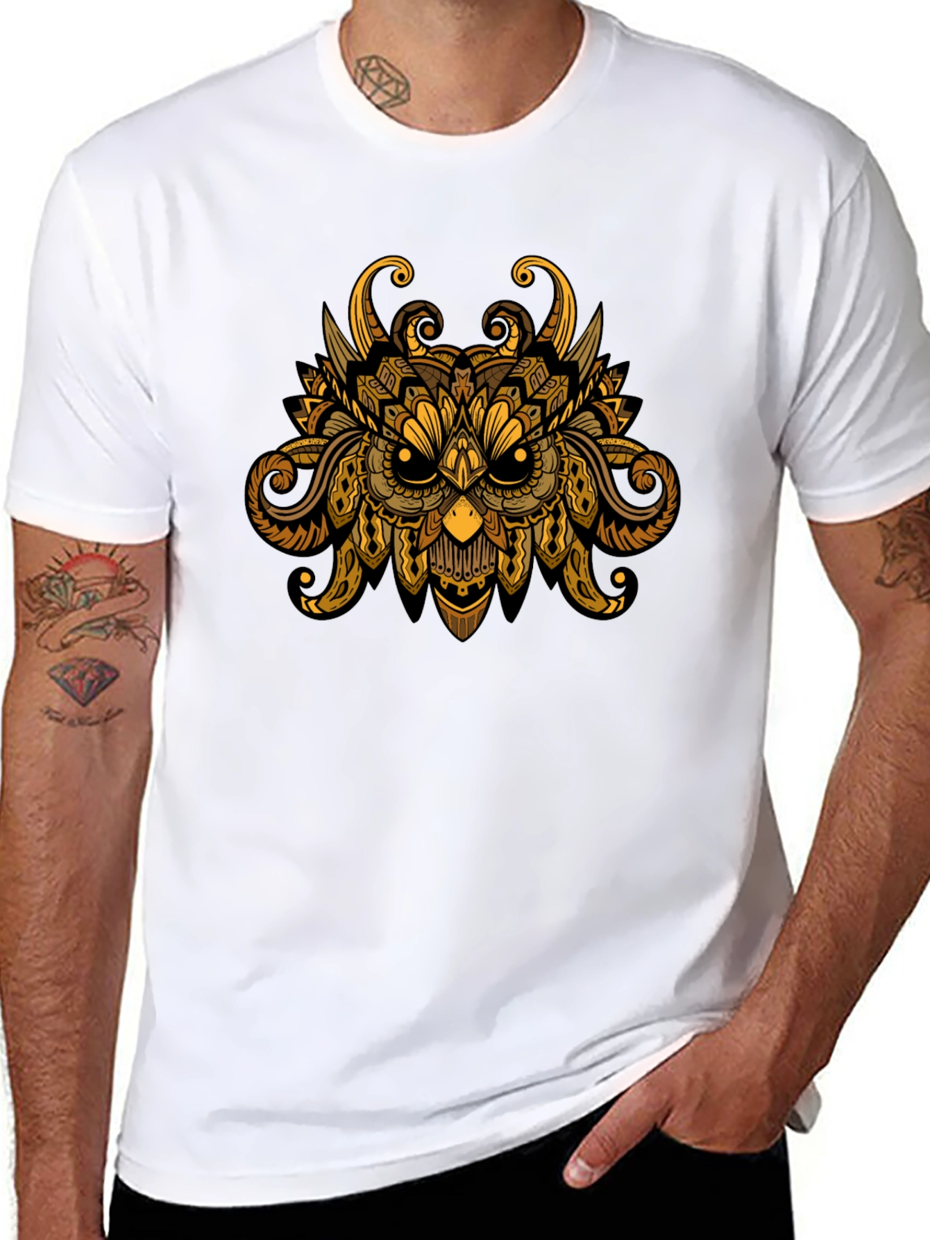 Owl Mandala Graphic Print Black T-Shirt